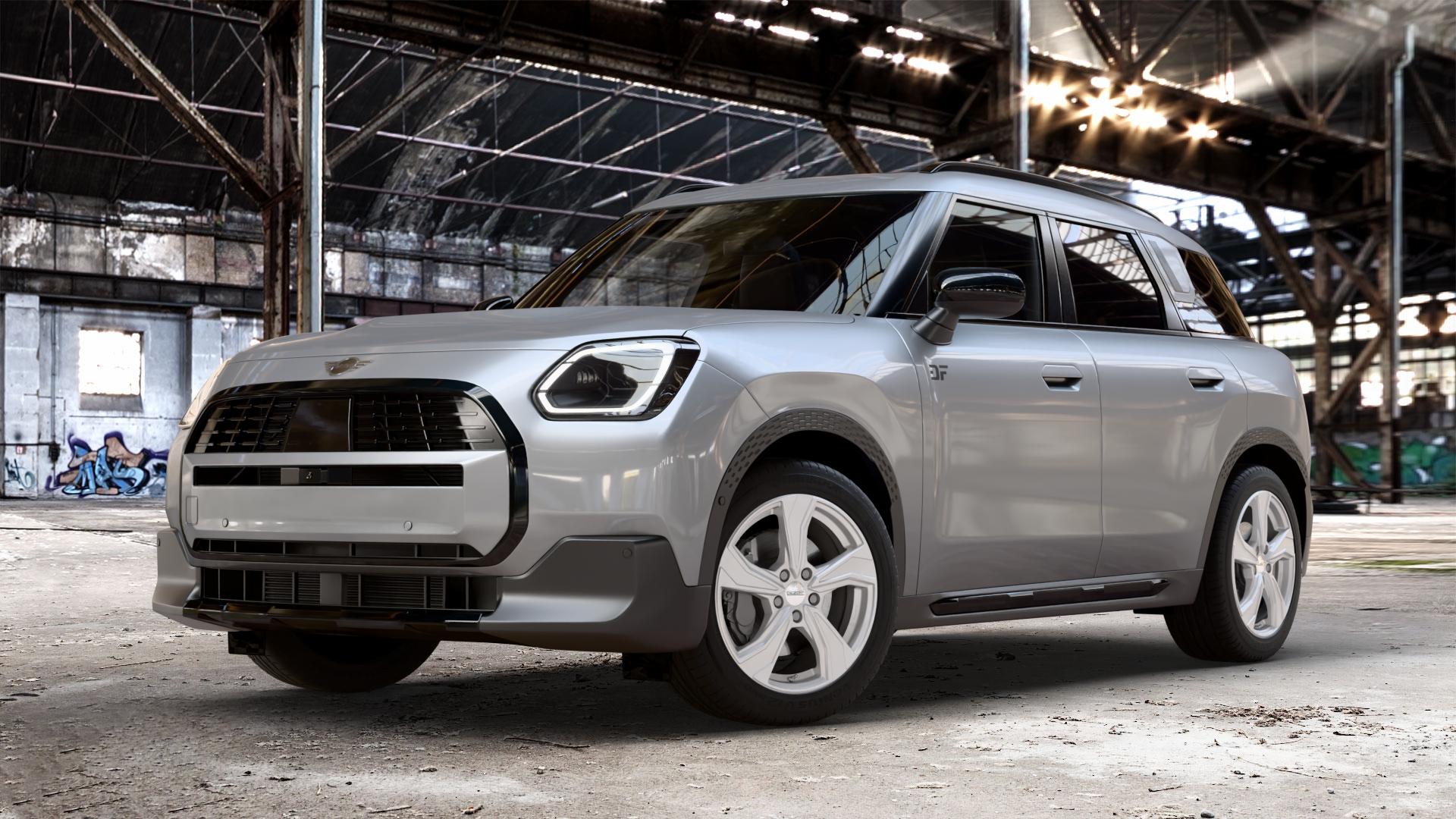DEZENT KB SILVER Felge mit Reifen silber schwarz in 18Zoll Winterfelge Alufelge auf metallic silbernem Mini U25 Typ UMX (Countryman) 1,5l C 100kW Mild-Hybrid (136 PS) 115kW (156 2,0l JCW ALL4 221kW (300 D 110kW (150 0,0l E 68kW (92 S 150kW (204 SE 104kW ⬇️ mit 15mm Tieferlegung ⬇️ Old Industrial Hall_max_4400mm_2024 Frontansicht_1