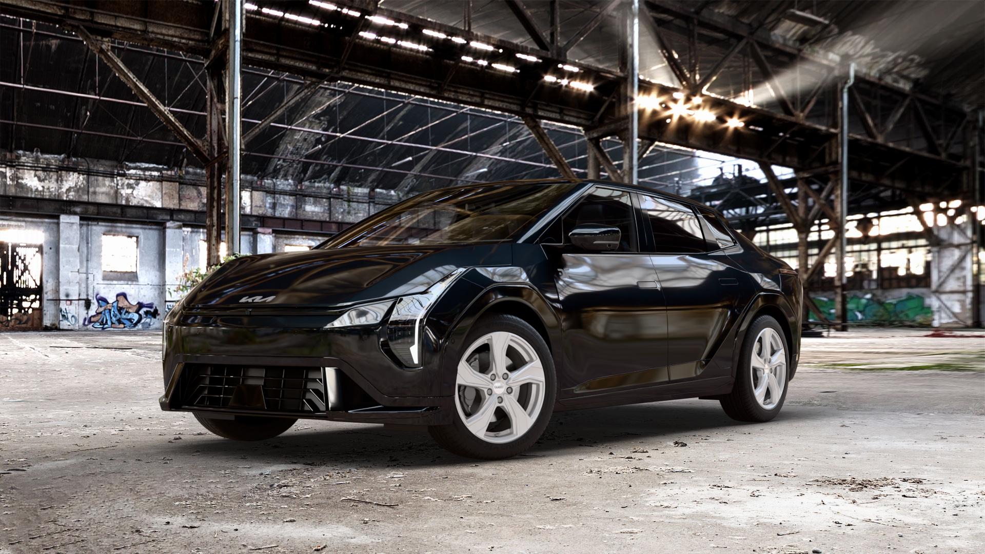 DEZENT KB SILVER Felge mit Reifen silber schwarz in 18Zoll Winterfelge Alufelge auf schwarzem Kia EV4 Fastback Typ CT1 0,0l 50kW (68 PS) ⬇️ mit 15mm Tieferlegung ⬇️ Old Industrial Hall_max_5300mm_2024 Frontansicht_1