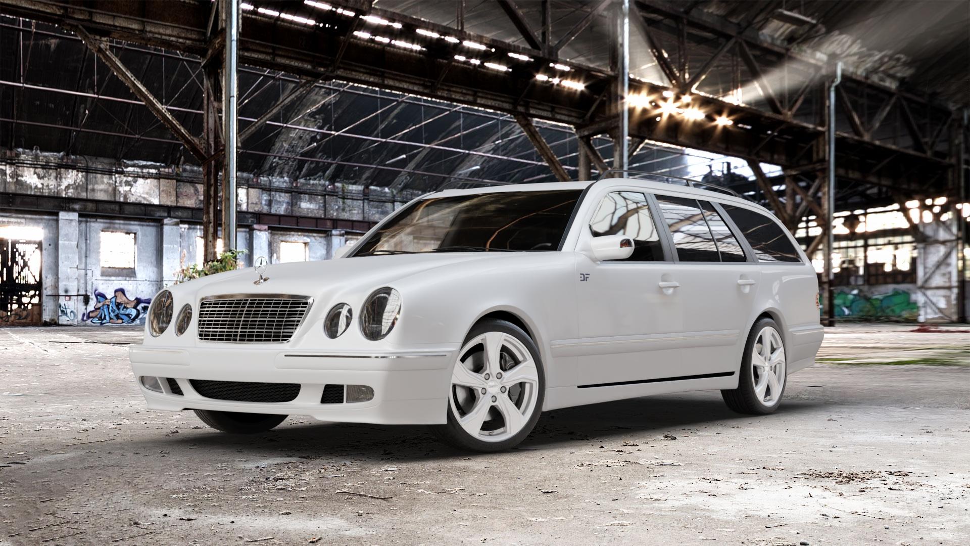 DEZENT KB SILVER Felge mit Reifen silber schwarz in 18Zoll Winterfelge Alufelge auf weissem Mercedes E-Klasse Typ S210 Kombi ⬇️ mit 15mm Tieferlegung ⬇️ Old Industrial Hall_max_5300mm_2024 Frontansicht_1