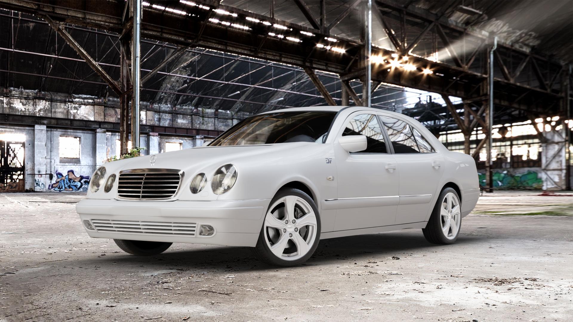DEZENT KB SILVER Felge mit Reifen silber schwarz in 18Zoll Winterfelge Alufelge auf weissem Mercedes E-Klasse Typ W210 Limousine ⬇️ mit 15mm Tieferlegung ⬇️ Old Industrial Hall_max_5300mm_2024 Frontansicht_1