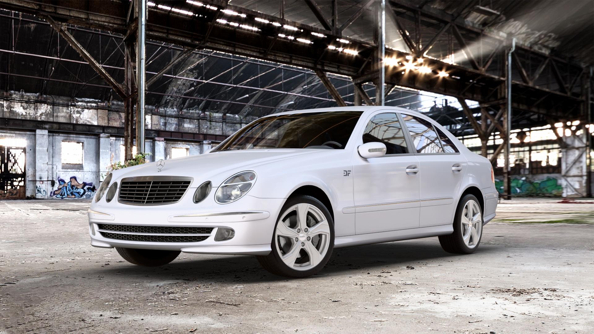 DEZENT KB SILVER Felge mit Reifen silber schwarz in 18Zoll Winterfelge Alufelge auf weissem Mercedes E-Klasse Typ W211 Limousine ⬇️ mit 15mm Tieferlegung ⬇️ Old Industrial Hall_max_5300mm_2024 Frontansicht_1
