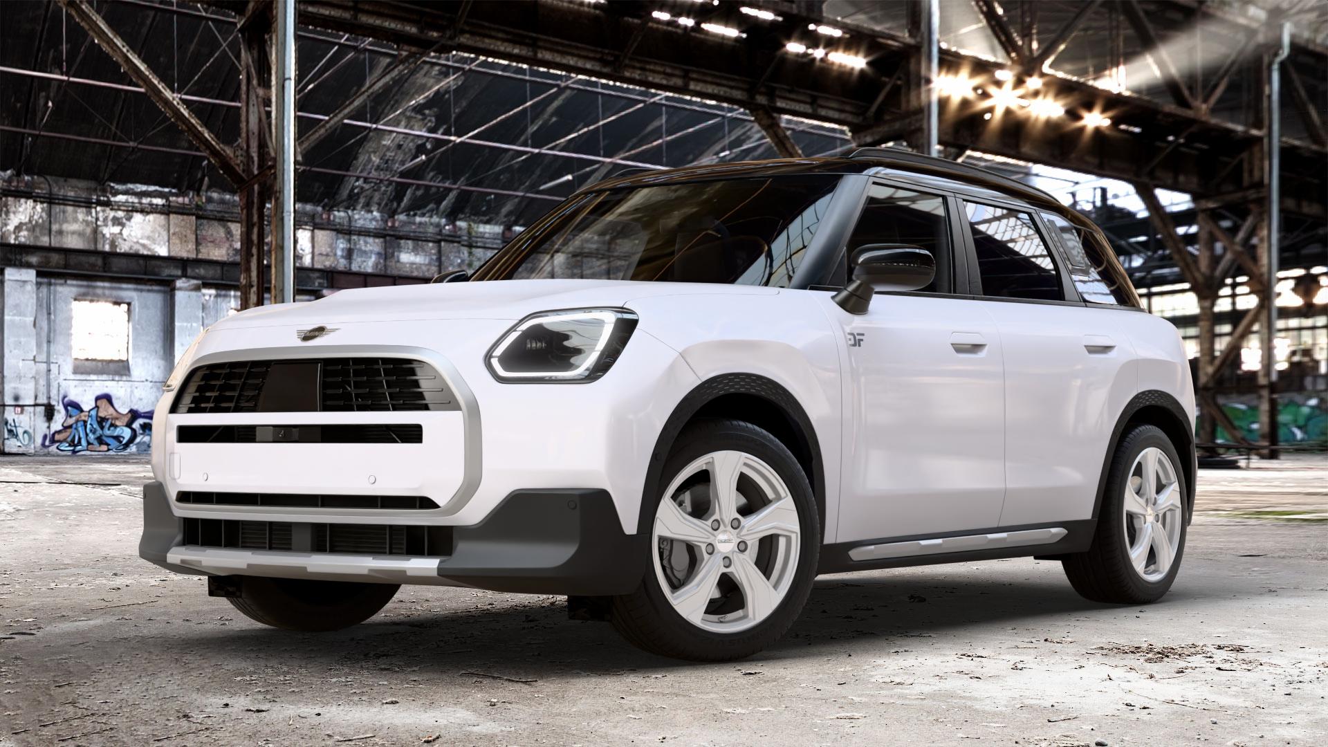 DEZENT KB SILVER Felge mit Reifen silber schwarz in 18Zoll Winterfelge Alufelge auf weissem Mini U25 Typ UMX (Countryman) 1,5l C 100kW Mild-Hybrid (136 PS) 115kW (156 2,0l JCW ALL4 221kW (300 D 110kW (150 0,0l E 68kW (92 S 150kW (204 SE 104kW (141 ⬇️ mit 15mm Tieferlegung ⬇️ Old Industrial Hall_max_4400mm_2024 Frontansicht_1
