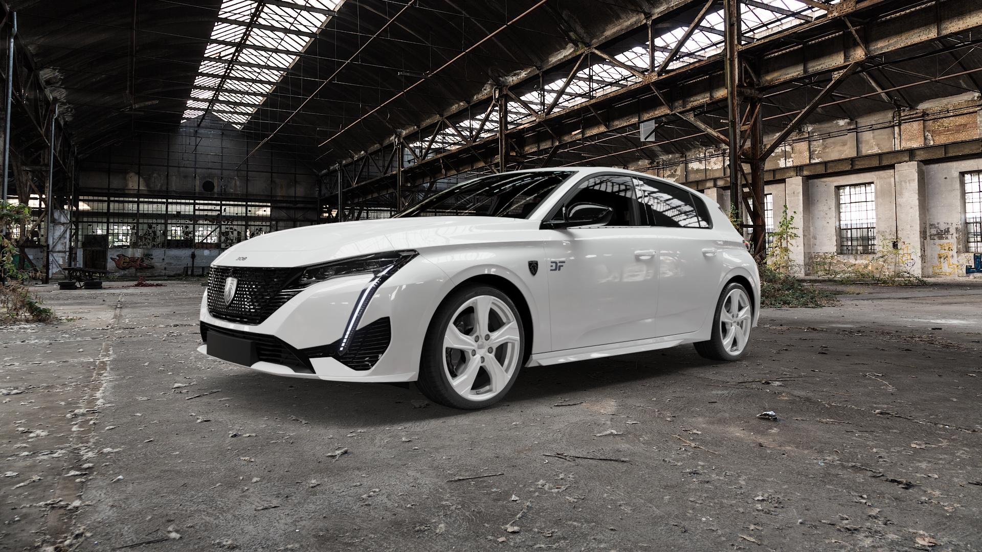 DEZENT KB SILVER Felge mit Reifen silber schwarz in 18Zoll Winterfelge Alufelge auf weissem Peugeot 308 III Typ F ⬇️ mit 15mm Tieferlegung ⬇️ Old Industrial Hall_max5000mm_2022 Frontansicht_1