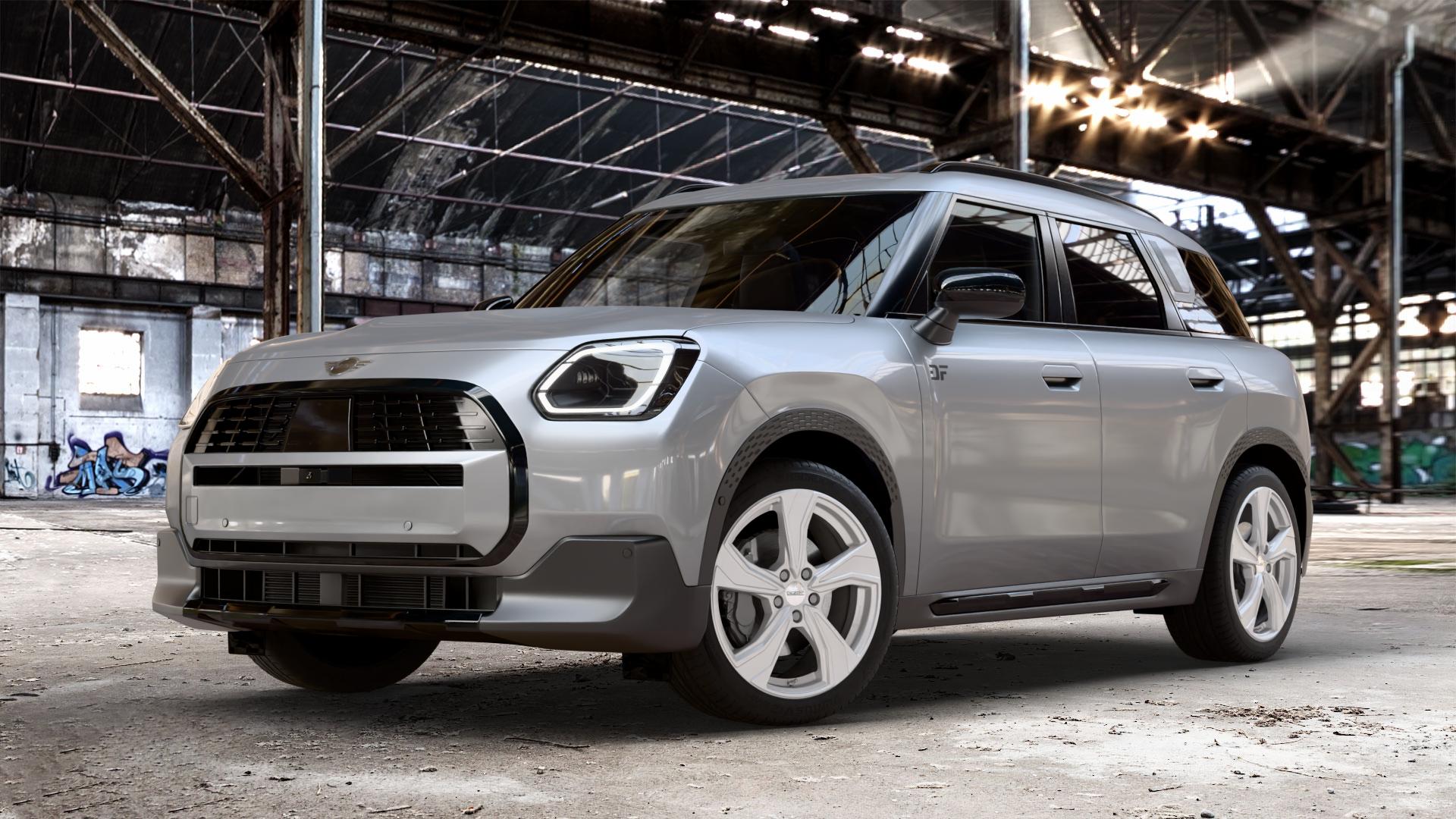 DEZENT KB SILVER Felge mit Reifen silber schwarz in 19Zoll Winterfelge Alufelge auf metallic silbernem Mini U25 Typ UMX (Countryman) 1,5l C 100kW Mild-Hybrid (136 PS) 115kW (156 2,0l JCW ALL4 221kW (300 D 110kW (150 0,0l E 68kW (92 S 150kW (204 SE 104kW ⬇️ mit 15mm Tieferlegung ⬇️ Old Industrial Hall_max_4400mm_2024 Frontansicht_1