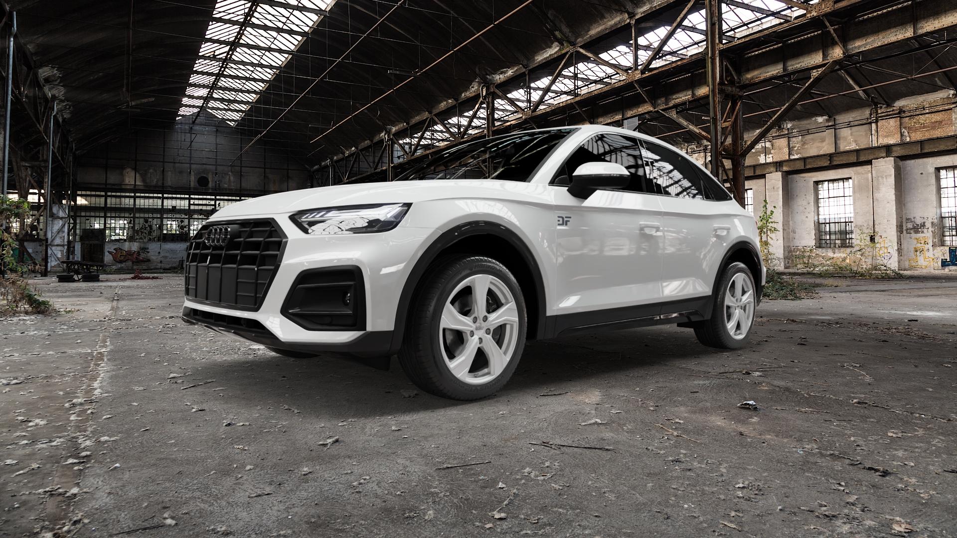 DEZENT KB SILVER Felge mit Reifen silber schwarz in 19Zoll Winterfelge Alufelge auf weissem Audi Q5 II Typ FY Sportback ⬇️ mit 15mm Tieferlegung ⬇️ Old Industrial Hall_max5000mm_2022 Frontansicht_1