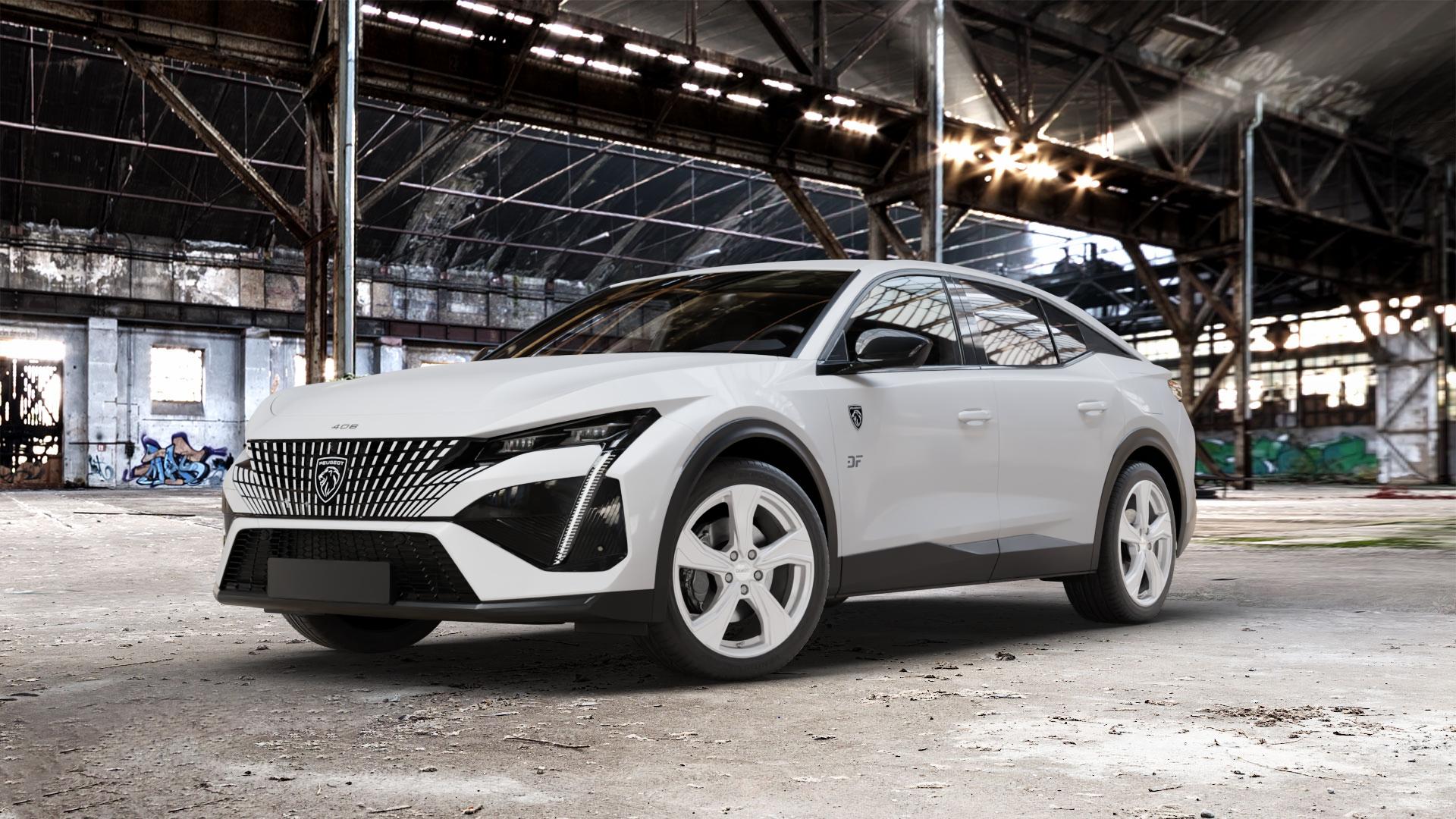 DEZENT KB SILVER Felge mit Reifen silber schwarz in 19Zoll Winterfelge Alufelge auf weissem Peugeot 408 Typ F ⬇️ mit 15mm Tieferlegung ⬇️ Old Industrial Hall_max_5300mm_2024 Frontansicht_1