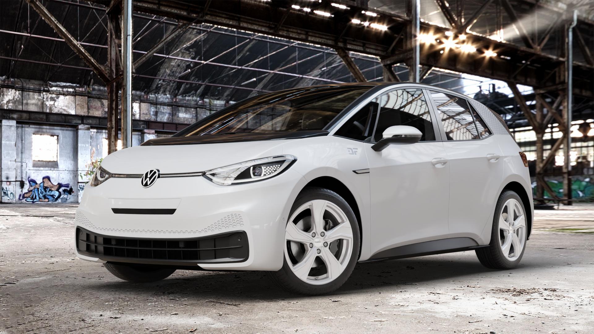 DEZENT KB SILVER Felge mit Reifen silber schwarz in 19Zoll Winterfelge Alufelge auf weissem Volkswagen (VW) ID.3 ⬇️ mit 15mm Tieferlegung ⬇️ Old Industrial Hall_max_4400mm_2024 Frontansicht_1