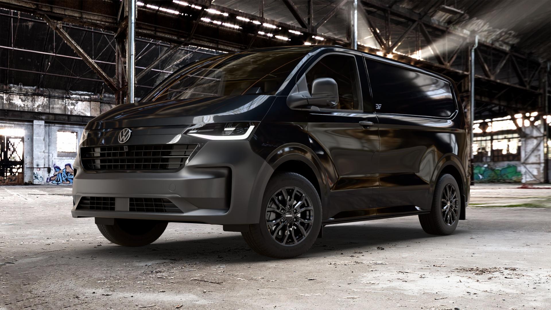 DEZENT KC BLACK Felge mit Reifen schwarz in 17Zoll Winterfelge Alufelge auf schwarzem Volkswagen (VW) T7 Transporter ⬇️ mit 15mm Tieferlegung ⬇️ Old Industrial Hall_max_5300mm_2024 Frontansicht_1