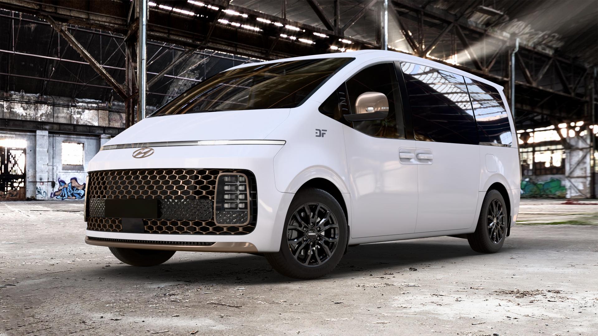 DEZENT KC BLACK Felge mit Reifen schwarz in 17Zoll Winterfelge Alufelge auf weissem Hyundai Staria Typ US4 2,2l CRDi 130kW (177 PS) AWD ⬇️ mit 15mm Tieferlegung ⬇️ Old Industrial Hall_max_5300mm_2024 Frontansicht_1