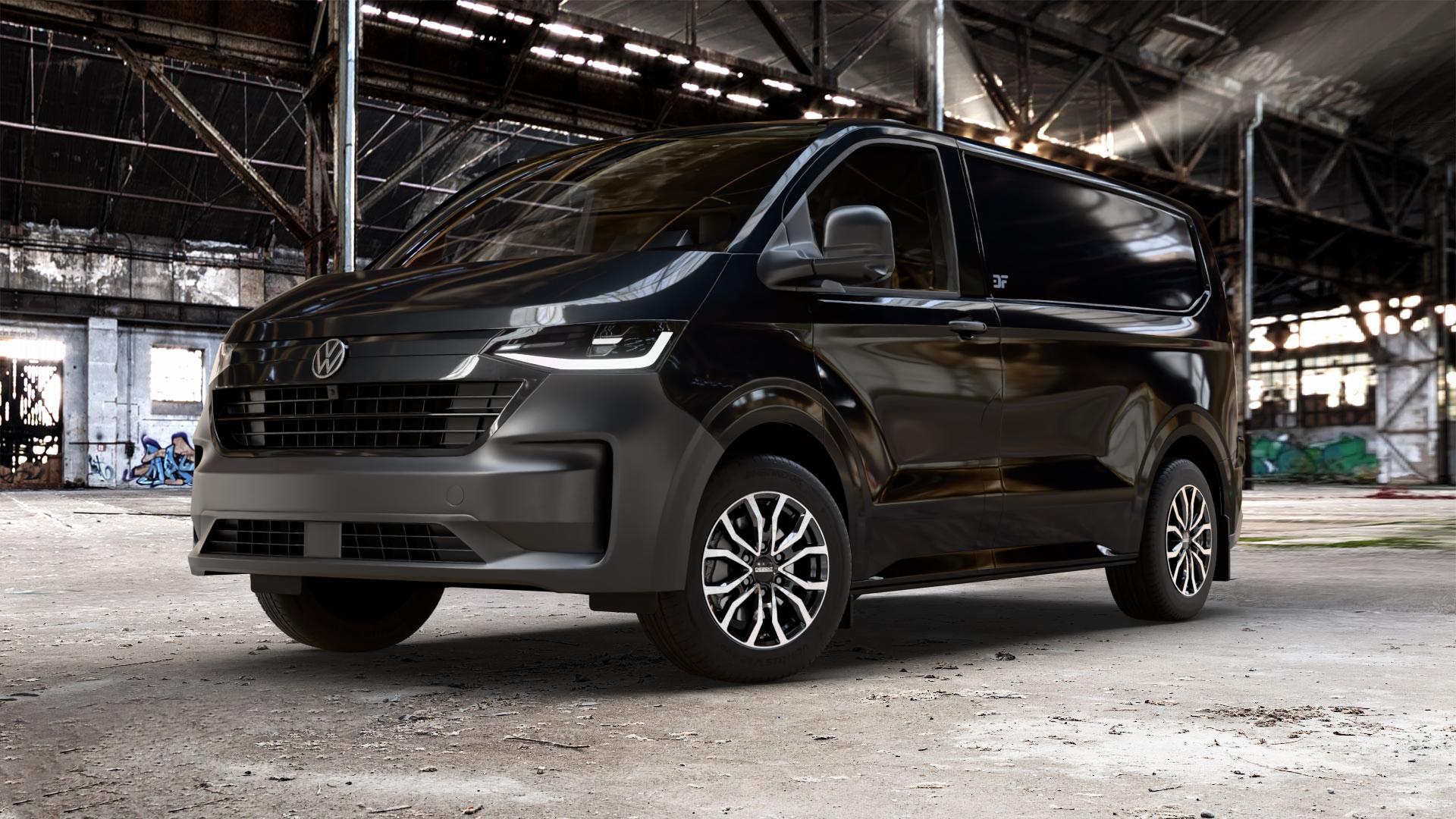 DEZENT KC BLACK/POLISHED Felge mit Reifen schwarz in 17Zoll Winterfelge Alufelge auf schwarzem Volkswagen (VW) T7 Transporter ⬇️ mit 15mm Tieferlegung ⬇️ Old Industrial Hall_max_5300mm_2024 Frontansicht_1