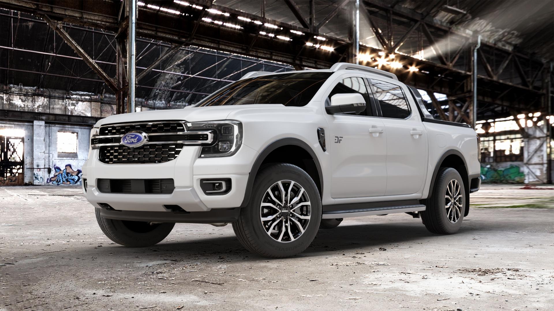 DEZENT KC BLACK/POLISHED Felge mit Reifen schwarz in 18Zoll Winterfelge Alufelge auf weissem Ford Ranger VII Typ 2AB ⬇️ mit 15mm Tieferlegung ⬇️ Old Industrial Hall_max_5300mm_2024 Frontansicht_1