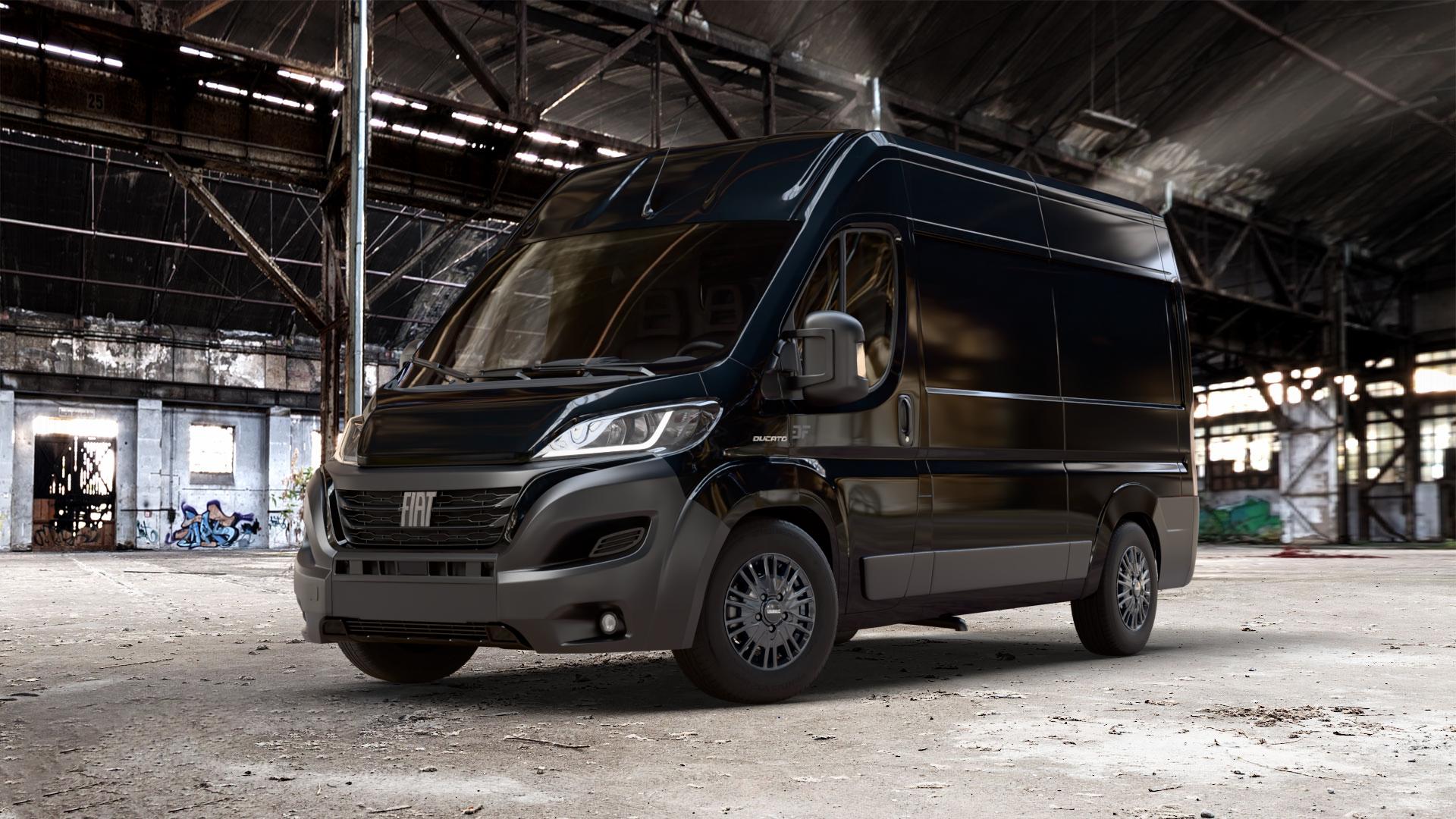 DEZENT KE BLACK Felge mit Reifen schwarz in 16Zoll Winterfelge Alufelge auf schwarzem metallic Fiat Ducato Kasten Typ 250 Facelift 22-> ⬇️ mit 15mm Tieferlegung ⬇️ Old Industrial Hall_max_7000mm_2024 Frontansicht_1