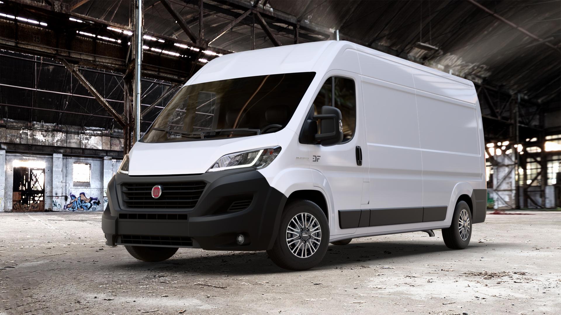 DEZENT KE BLACK/POLISHED Felge mit Reifen schwarz in 16Zoll Winterfelge Alufelge auf weissem Fiat Ducato Kasten Typ 250 Facelift 0,0l 58kW e-Ducato (79 PS) ⬇️ mit 15mm Tieferlegung ⬇️ Old Industrial Hall_max_7000mm_2024 Frontansicht_1