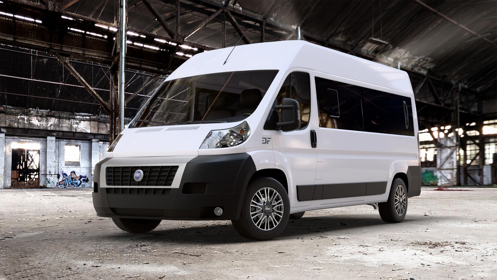 DEZENT KE BLACK/POLISHED Felge mit Reifen schwarz in 17Zoll Winterfelge Alufelge auf weissem Fiat Ducato Bus Typ 250 ⬇️ mit 15mm Tieferlegung ⬇️ Old Industrial Hall_max_7000mm_2024 Frontansicht_1