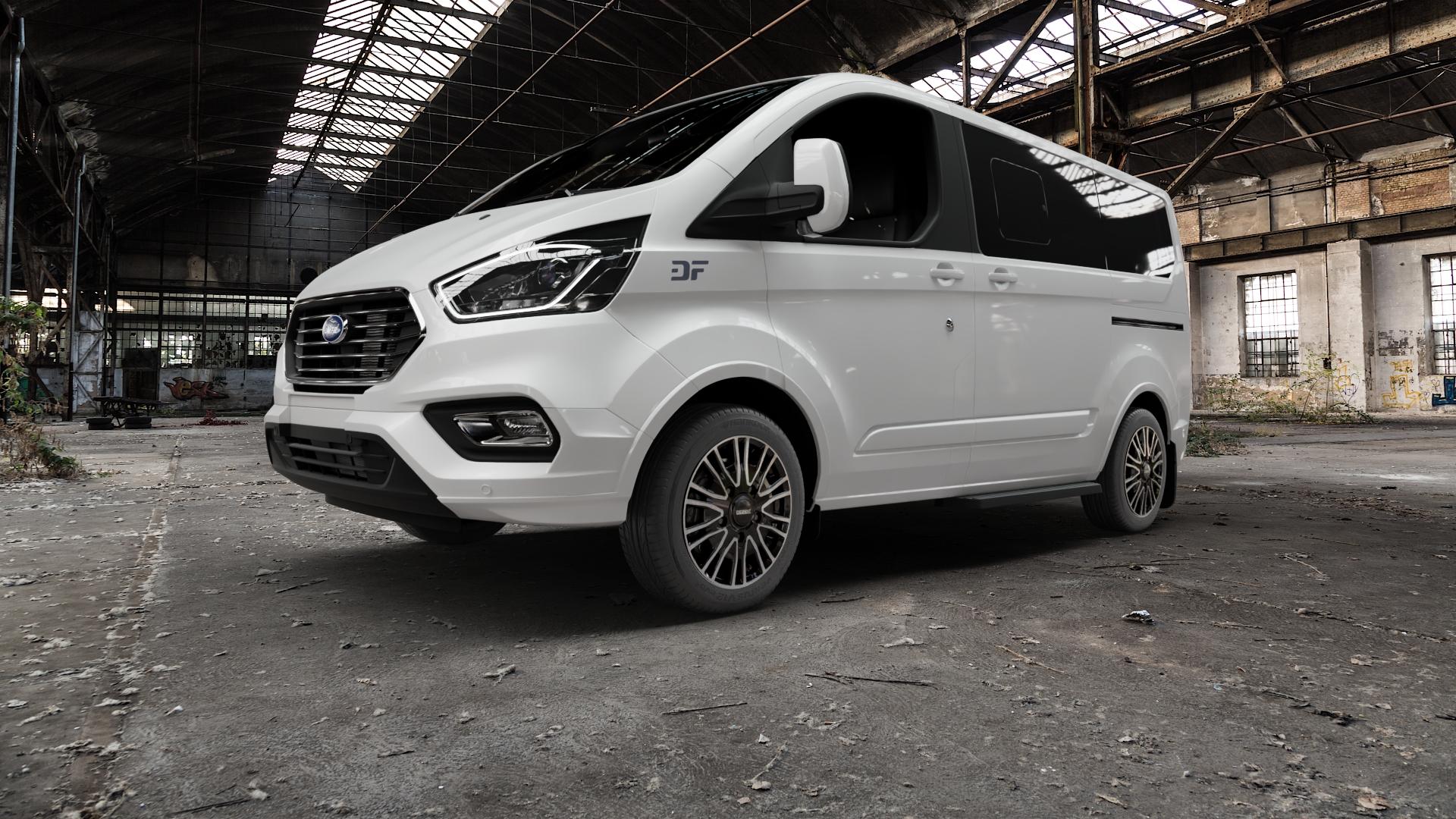 DEZENT KE BLACK/POLISHED Felge mit Reifen schwarz in 17Zoll Winterfelge Alufelge auf weissem Ford Tourneo Custom Typ FAC Facelift (19->) ⬇️ mit 15mm Tieferlegung ⬇️ Old Industrial Hall_max5000mm_2022 Frontansicht_1