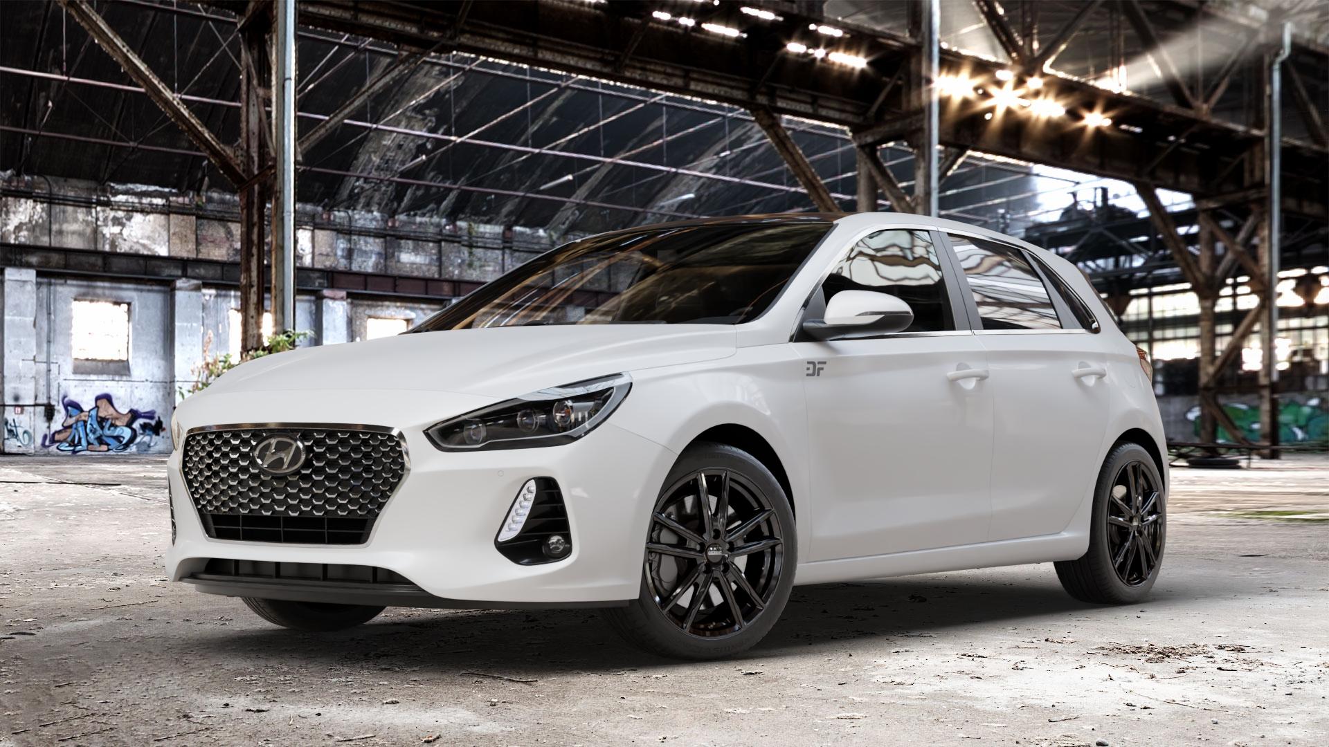 DEZENT KF BLACK Felge mit Reifen schwarz in 17Zoll Winterfelge Alufelge auf weissem Hyundai i30 Typ PDE 1,0l T-GDI 88kW (120 PS) 1,4l MPI 73kW (99 103kW (140 1,6l CRDi 70kW (95 81kW (110 100kW (136 85kW (116 ⬇️ mit 15mm Tieferlegung ⬇️ Old Industrial Hall_max_4400mm_2024 Frontansicht_1