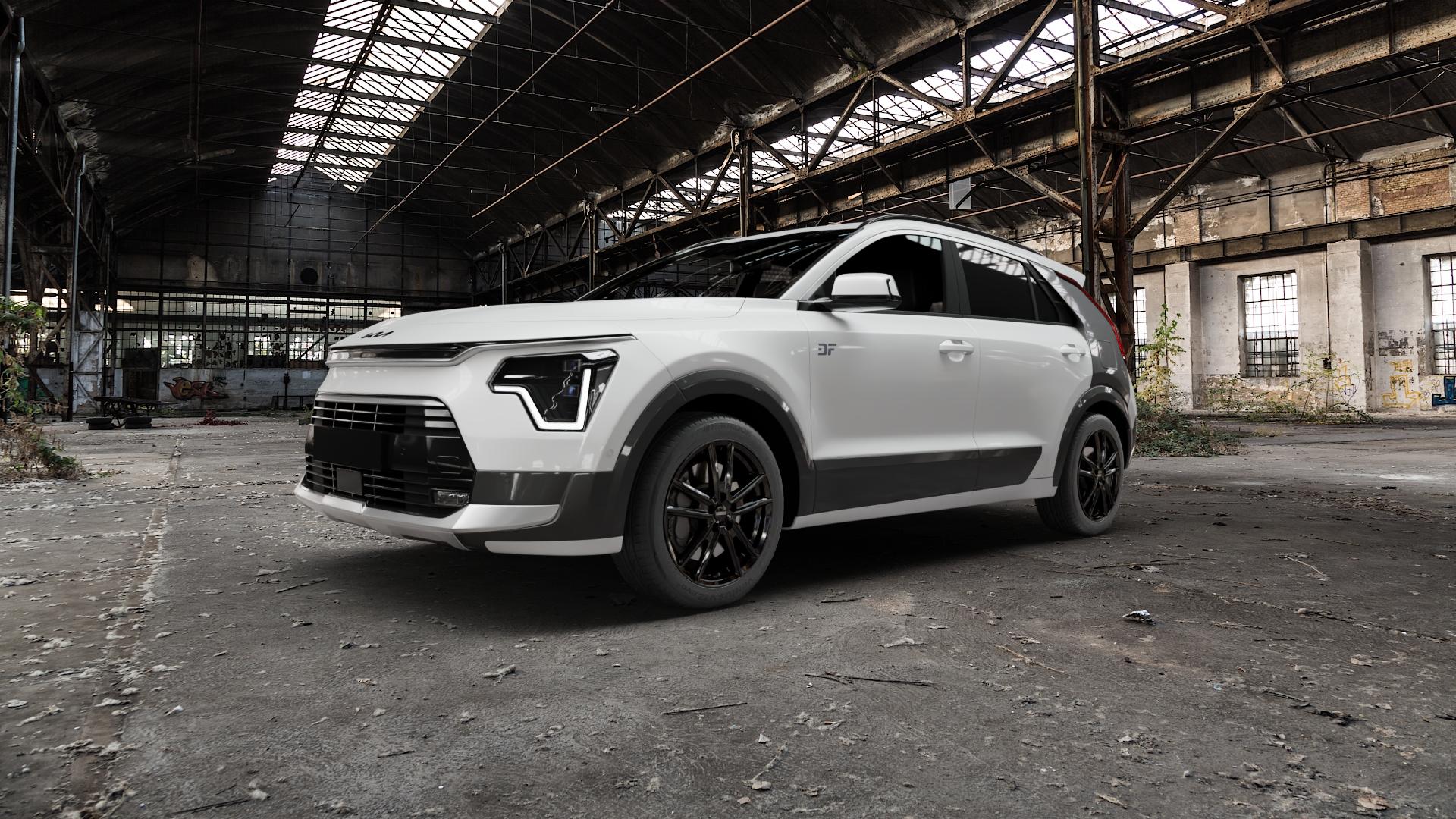 DEZENT KF BLACK Felge mit Reifen schwarz in 17Zoll Winterfelge Alufelge auf weissem Kia Niro Typ SG2 e-Niro ⬇️ mit 15mm Tieferlegung ⬇️ Old Industrial Hall_max5000mm_2022 Frontansicht_1
