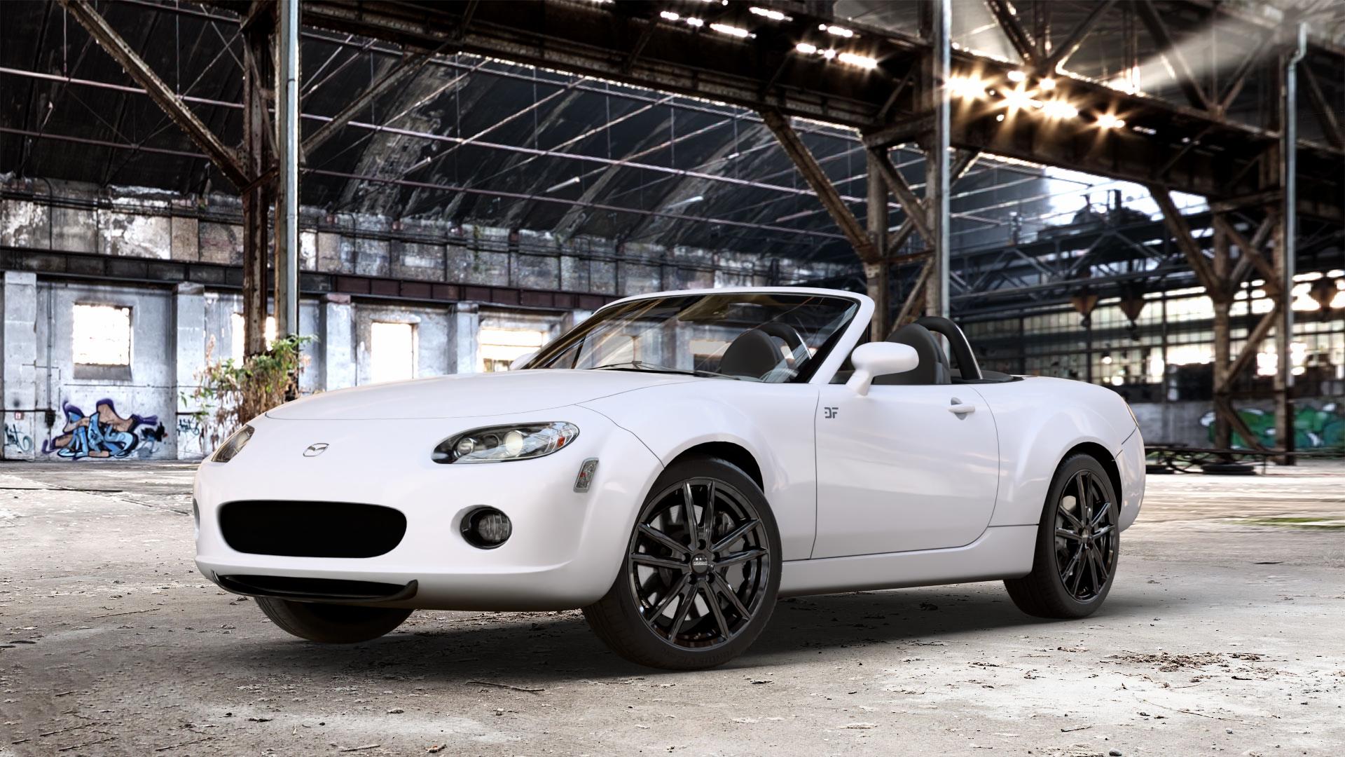 DEZENT KF BLACK Felge mit Reifen schwarz in 17Zoll Winterfelge Alufelge auf weissem Mazda MX-5 III (NC) ⬇️ mit 15mm Tieferlegung ⬇️ Old Industrial Hall_max_4400mm_2024 Frontansicht_1