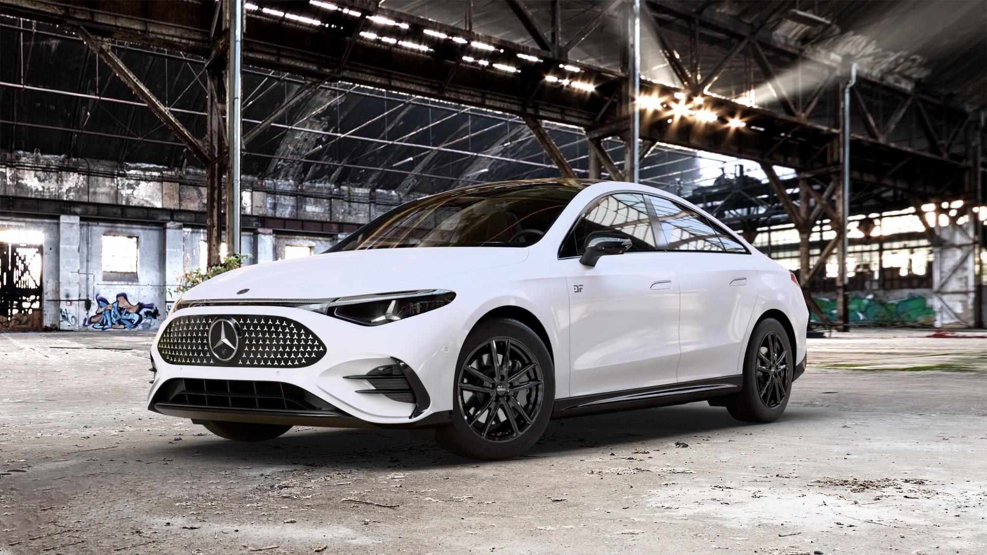 DEZENT KF BLACK Felge mit Reifen schwarz in 17Zoll Winterfelge Alufelge auf weissem Mercedes CLA EQ Typ C174 (MMCLAE) 0,0l 250+ 145kW (197 PS) 350 4Matic 200kW (272 ⬇️ mit 15mm Tieferlegung ⬇️ Old Industrial Hall_max_5300mm_2024 Frontansicht_1