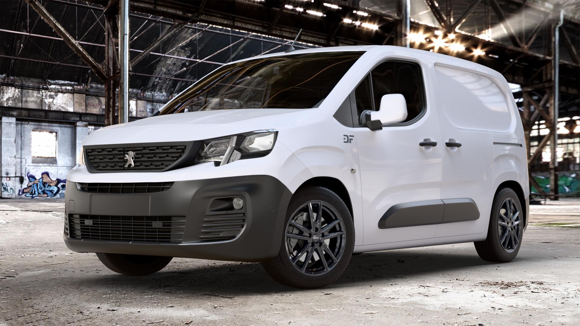 DEZENT KF BLACK Felge mit Reifen schwarz in 17Zoll Winterfelge Alufelge auf weissem Peugeot Partner III Typ E 1,5l HDi 96kW (131 PS) 75kW (102 1,2l PureTech 81kW (110 56kW (76 1,6l 55kW (75 73kW (99 0,0l e-Partner 57kW (77 ⬇️ mit 15mm Tieferlegung ⬇️ Old Industrial Hall_max_4400mm_2024 Frontansicht_1