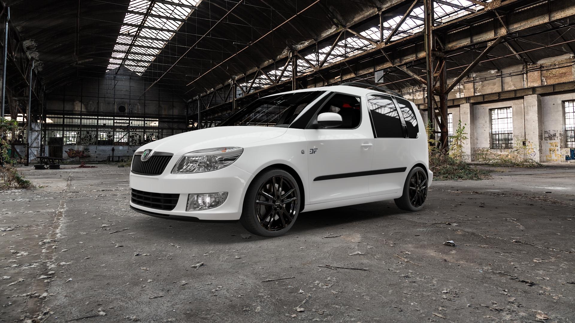 DEZENT KF BLACK Felge mit Reifen schwarz in 17Zoll Winterfelge Alufelge auf weissem Skoda Roomster Typ 5J 1,2l 51kW (69 PS) 1,4l 63kW (86 TDI 55kW (75 TSI 77kW (105 1,6l 66kW (90 ⬇️ mit 15mm Tieferlegung ⬇️ Old Industrial Hall_max5000mm_2022 Frontansicht_1