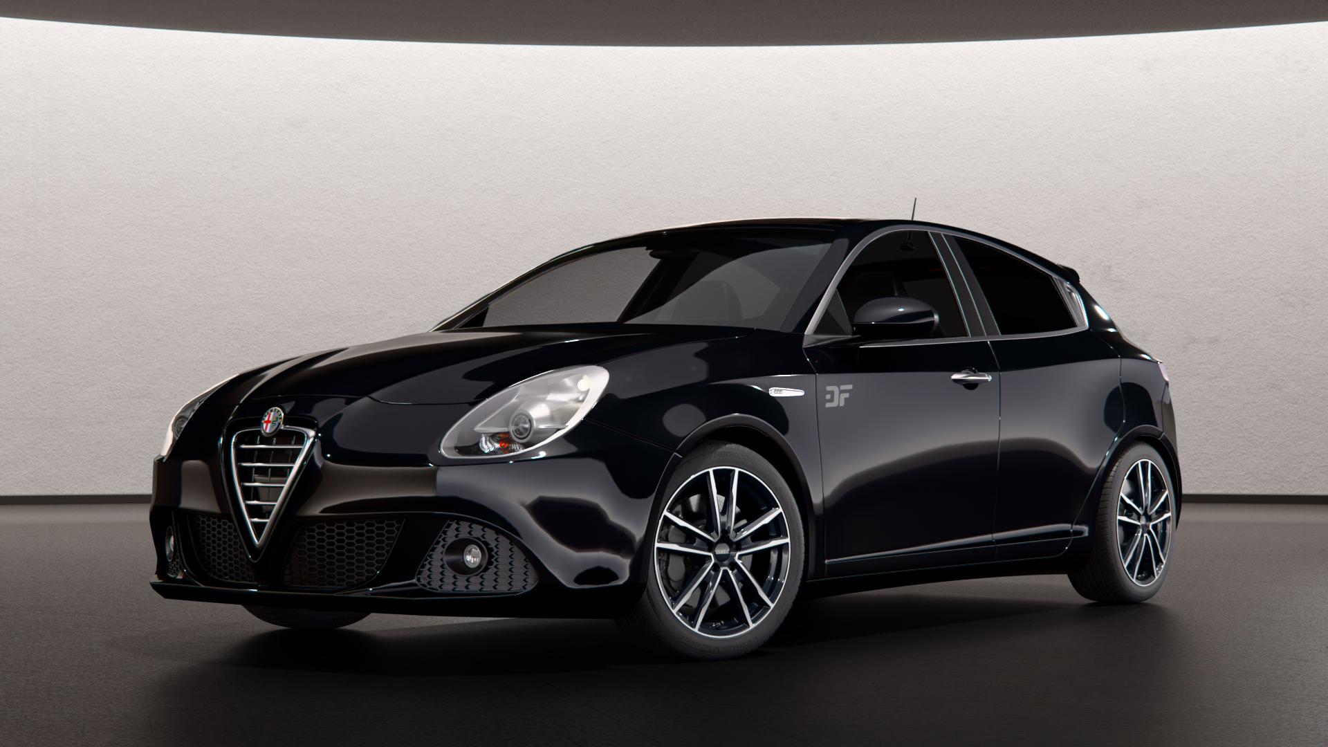 DEZENT KF BLACK/POLISHED Felge mit Reifen silber schwarz in 17Zoll Winterfelge Alufelge auf schwarzem metallic Alfa Romeo Giulietta Typ 940 ⬇️ mit 15mm Tieferlegung ⬇️ Neutral Scene Mark III 2026_max 4400mm Frontansicht_1