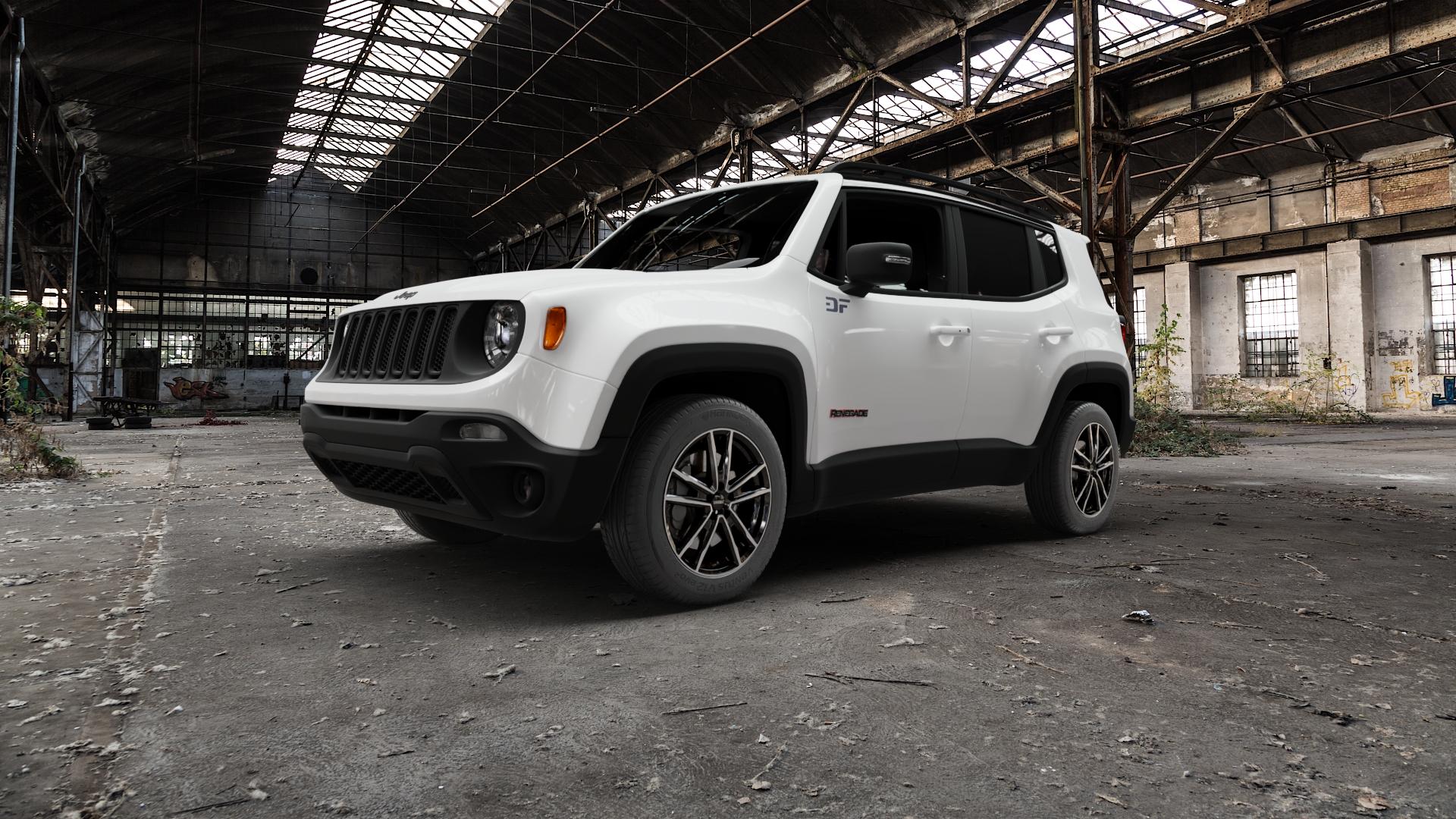 DEZENT KF BLACK/POLISHED Felge mit Reifen silber schwarz in 17Zoll Winterfelge Alufelge auf weissem Jeep Renegade Typ BU ⬇️ mit 15mm Tieferlegung ⬇️ Old Industrial Hall_max5000mm_2022 Frontansicht_1