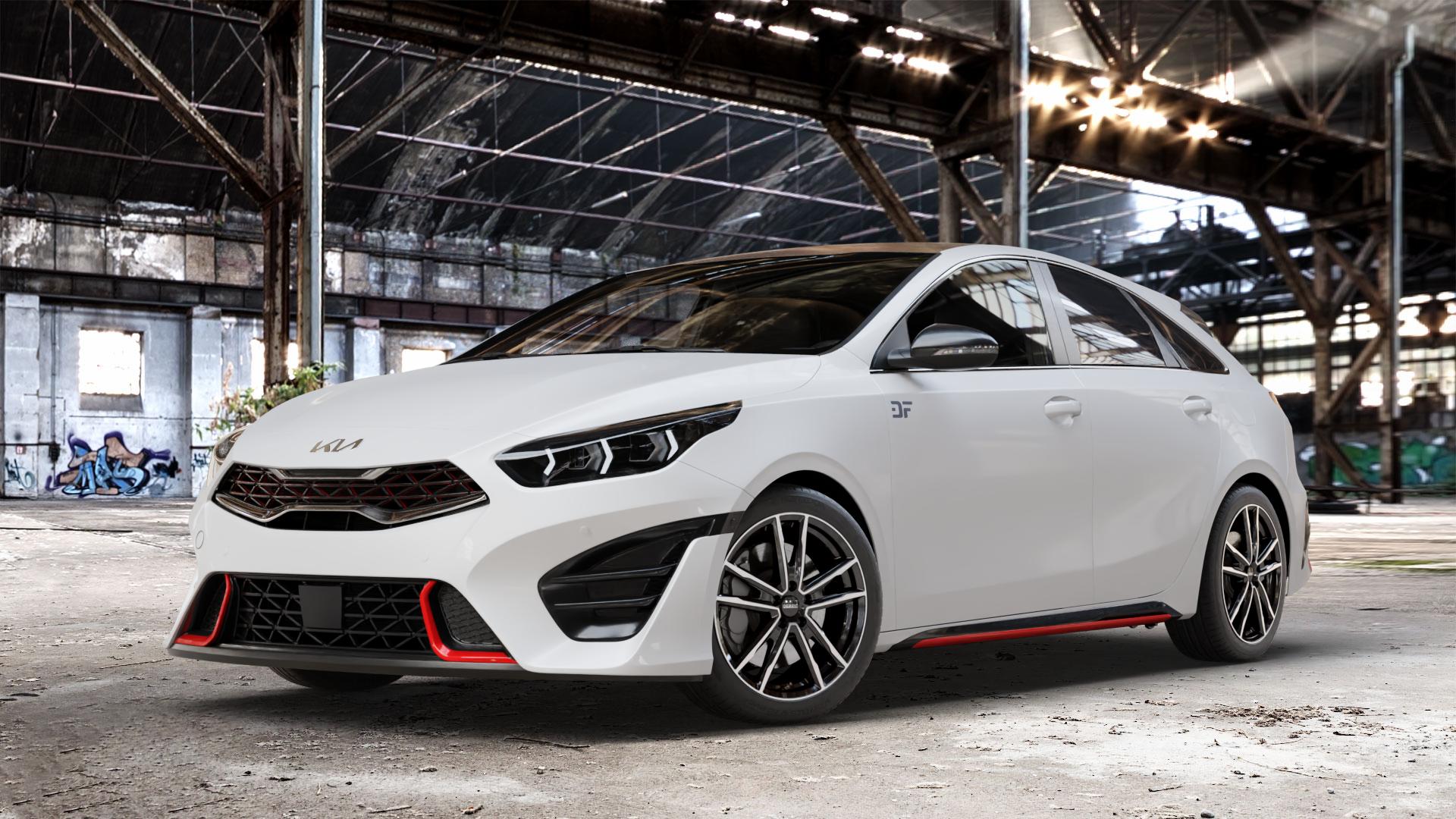 DEZENT KF BLACK/POLISHED Felge mit Reifen silber schwarz in 17Zoll Winterfelge Alufelge auf weissem Kia ProCeed Typ CD Facelift Pro Cee d ⬇️ mit 15mm Tieferlegung ⬇️ Old Industrial Hall_max_4400mm_2024 Frontansicht_1