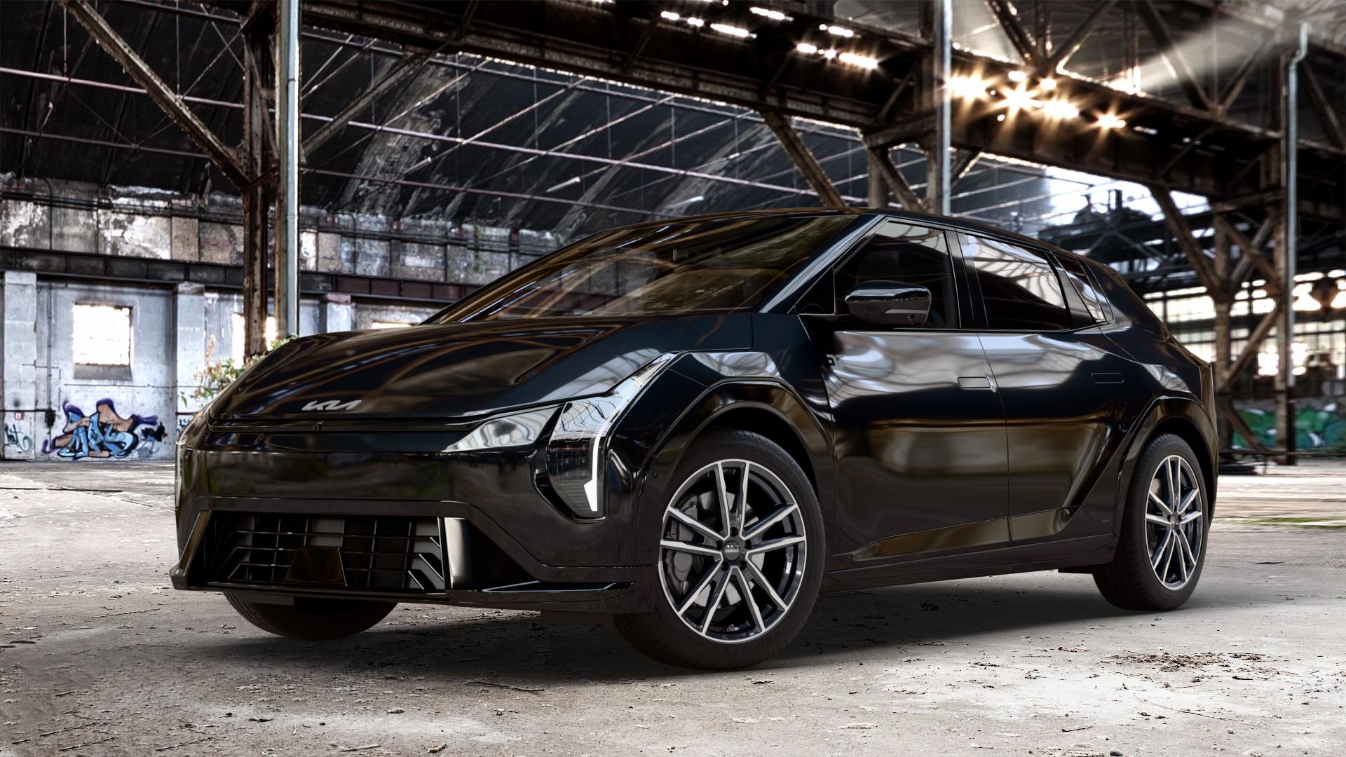 DEZENT KF BLACK/POLISHED Felge mit Reifen silber schwarz in 18Zoll Winterfelge Alufelge auf schwarzem Kia EV4 Typ SZ1E 0,0l 50kW (68 PS) ⬇️ mit 15mm Tieferlegung ⬇️ Old Industrial Hall_max_4400mm_2024 Frontansicht_1