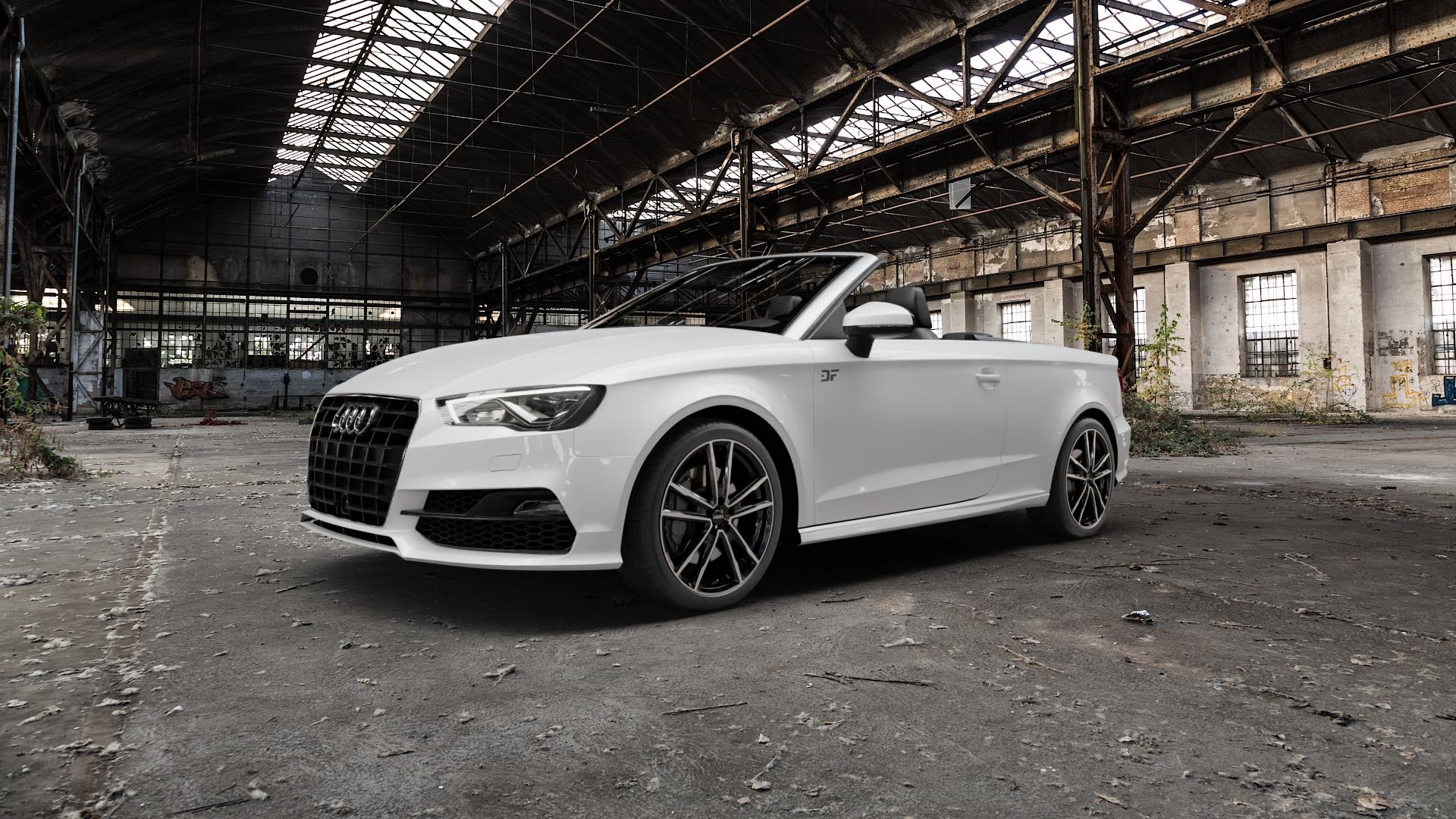 DEZENT KF BLACK/POLISHED Felge mit Reifen silber schwarz in 18Zoll Winterfelge Alufelge auf weissem Audi A3 Typ 8V (Cabriolet) ⬇️ mit 15mm Tieferlegung ⬇️ Old Industrial Hall_max5000mm_2022 Frontansicht_1