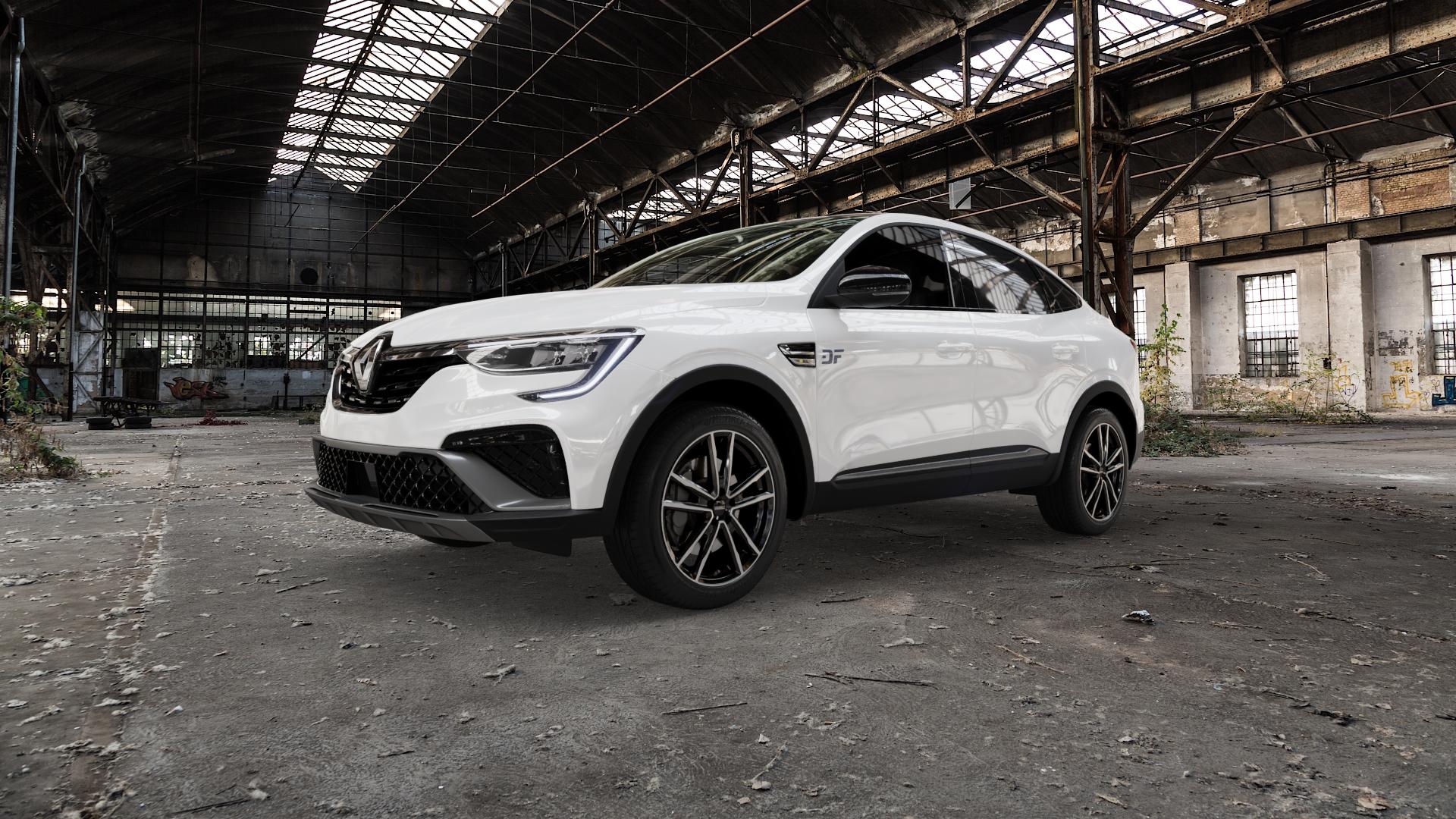DEZENT KF BLACK/POLISHED Felge mit Reifen silber schwarz in 18Zoll Winterfelge Alufelge auf weissem Renault Arkana ⬇️ mit 15mm Tieferlegung ⬇️ Old Industrial Hall_max5000mm_2022 Frontansicht_1