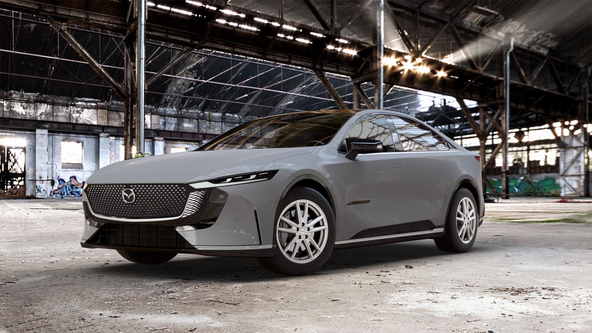 DEZENT KF SILVER Felge mit Reifen silber in 17Zoll Winterfelge Alufelge auf schwarzem Mazda 6e (GN) 0,0l 60kW (82 PS) 100kW (136 6 ⬇️ mit 15mm Tieferlegung ⬇️ Old Industrial Hall_max_5300mm_2024 Frontansicht_1