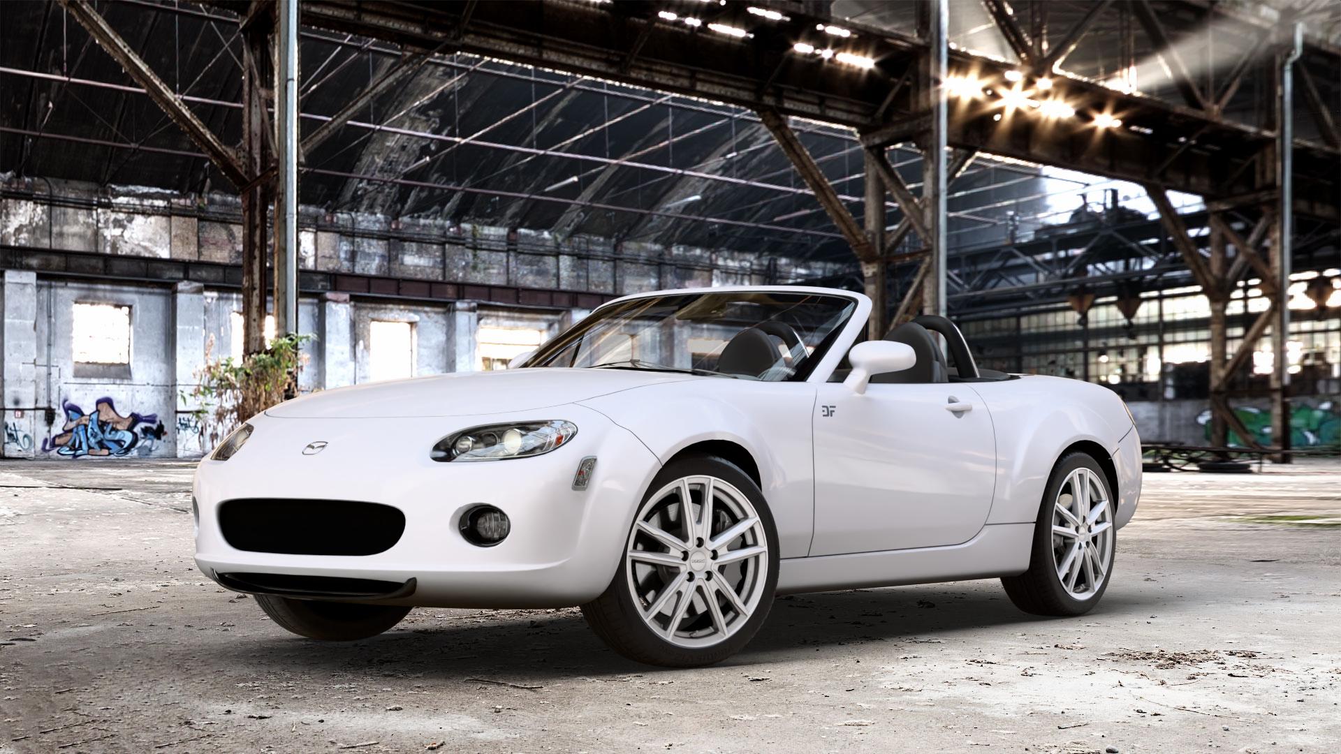 DEZENT KF SILVER Felge mit Reifen silber in 17Zoll Winterfelge Alufelge auf weissem Mazda MX-5 III (NC) ⬇️ mit 15mm Tieferlegung ⬇️ Old Industrial Hall_max_4400mm_2024 Frontansicht_1