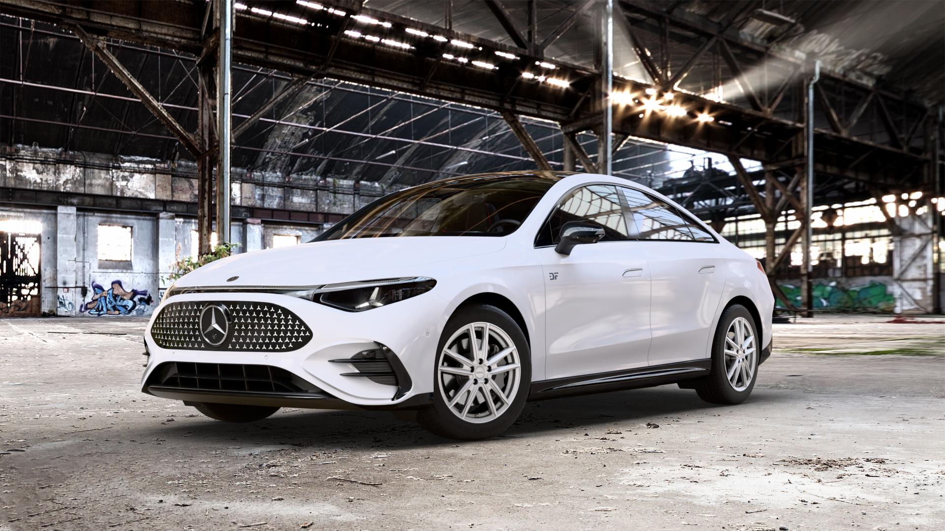 DEZENT KF SILVER Felge mit Reifen silber in 17Zoll Winterfelge Alufelge auf weissem Mercedes CLA EQ Typ C174 (MMCLAE) 0,0l 250+ 145kW (197 PS) 350 4Matic 200kW (272 ⬇️ mit 15mm Tieferlegung ⬇️ Old Industrial Hall_max_5300mm_2024 Frontansicht_1