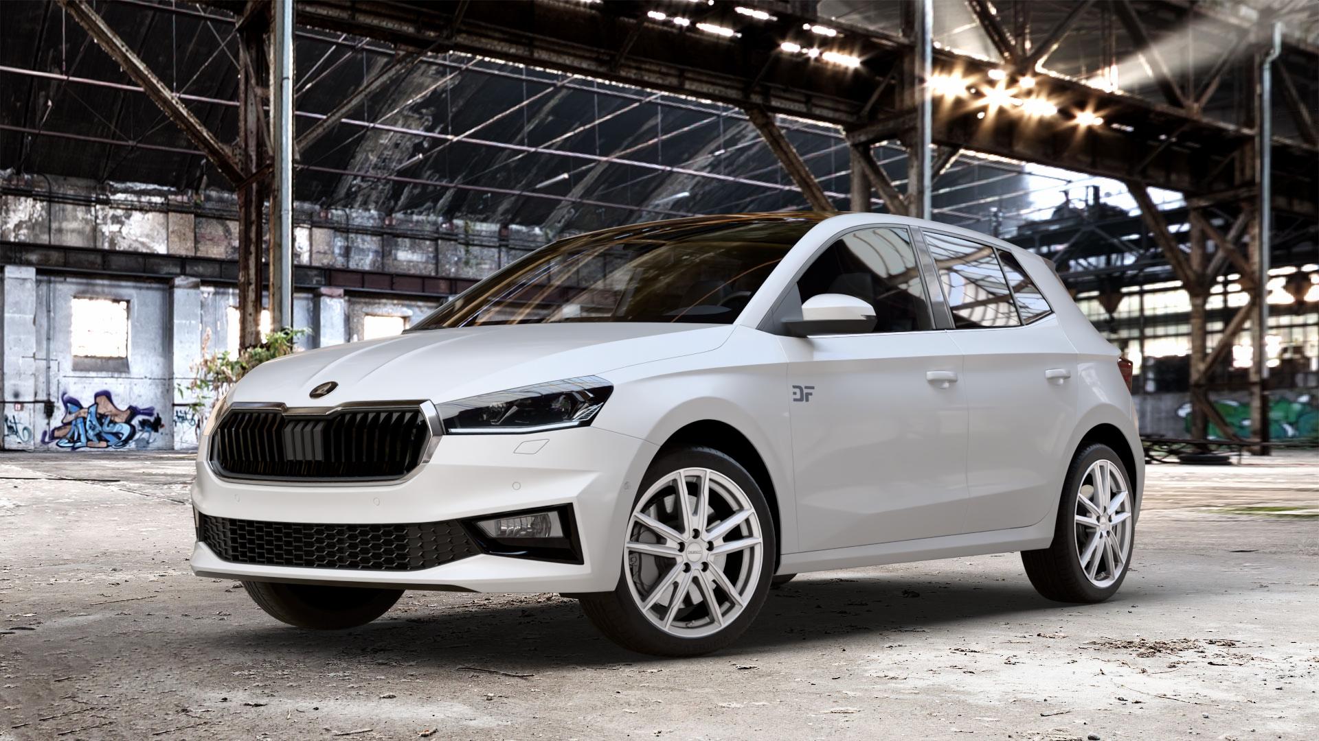 DEZENT KF SILVER Felge mit Reifen silber in 17Zoll Winterfelge Alufelge auf weissem Skoda Fabia IV Typ PJ ⬇️ mit 15mm Tieferlegung ⬇️ Old Industrial Hall_max_4400mm_2024 Frontansicht_1