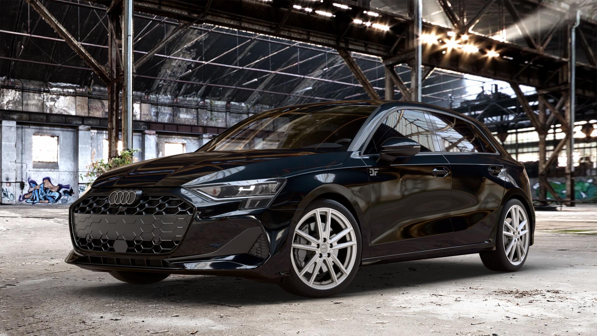 DEZENT KF SILVER Felge mit Reifen silber in 18Zoll Winterfelge Alufelge auf metallic schwarzem Audi A3 Typ GY (Sportback) Facelift 2,0l 30 TDI 85kW (116 PS) 1,5l TFSI Mild-Hybrid 35 110kW (150 PHEV 200 130kW Hybrid (177 150 ⬇️ mit 15mm Tieferlegung ⬇️ Old Industrial Hall_max_4400mm_2024 Frontansicht_1