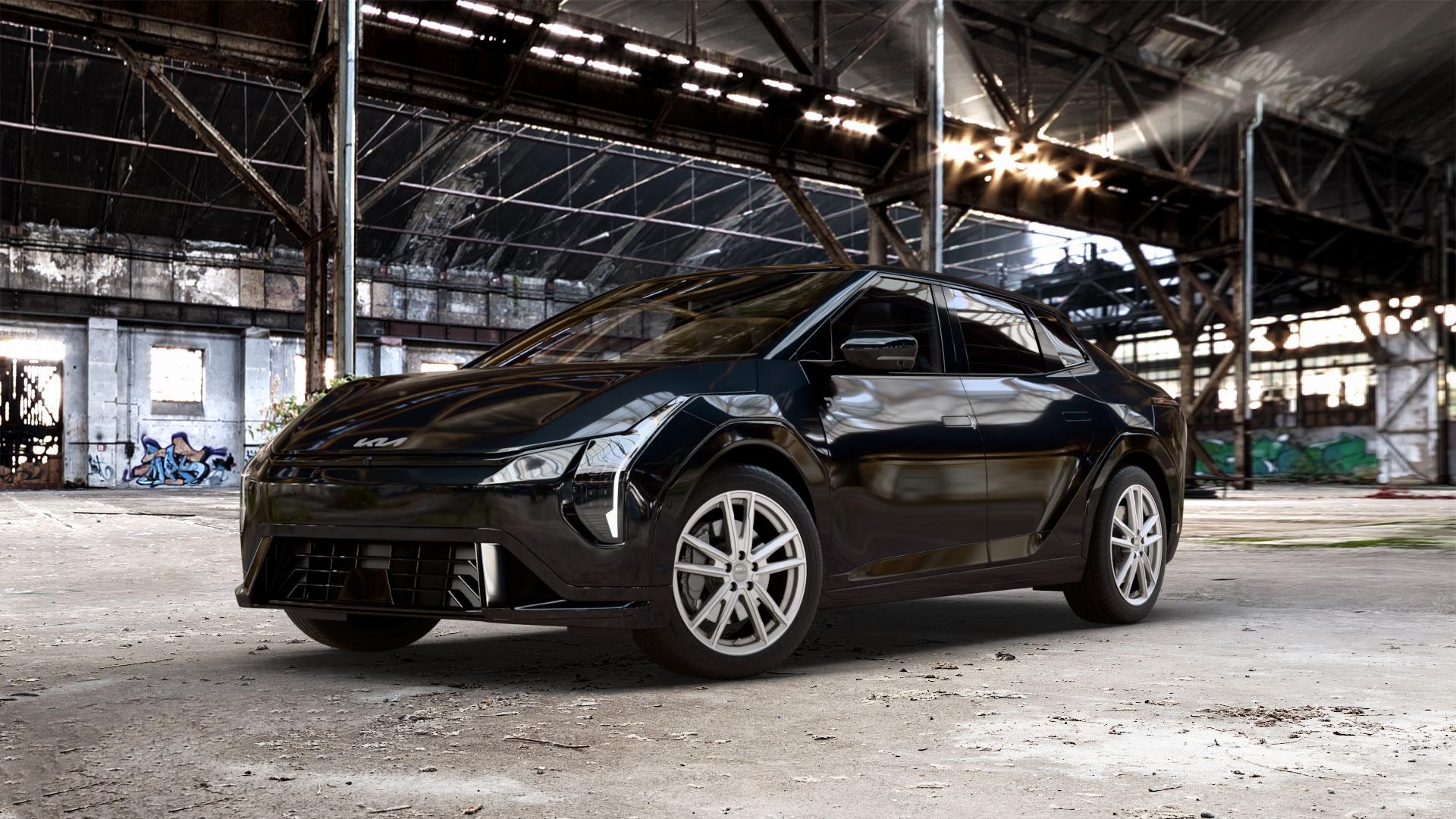DEZENT KF SILVER Felge mit Reifen silber in 18Zoll Winterfelge Alufelge auf schwarzem Kia EV4 Fastback Typ CT1 0,0l 50kW (68 PS) ⬇️ mit 15mm Tieferlegung ⬇️ Old Industrial Hall_max_5300mm_2024 Frontansicht_1