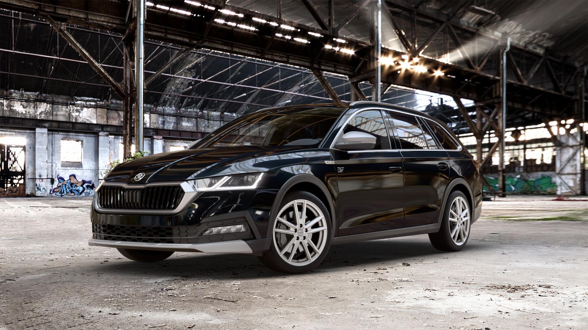 DEZENT KF SILVER Felge mit Reifen silber in 18Zoll Winterfelge Alufelge auf schwarzem metallic Skoda Octavia IV Scout Typ NX ⬇️ mit 15mm Tieferlegung ⬇️ Old Industrial Hall_max_5300mm_2024 Frontansicht_1