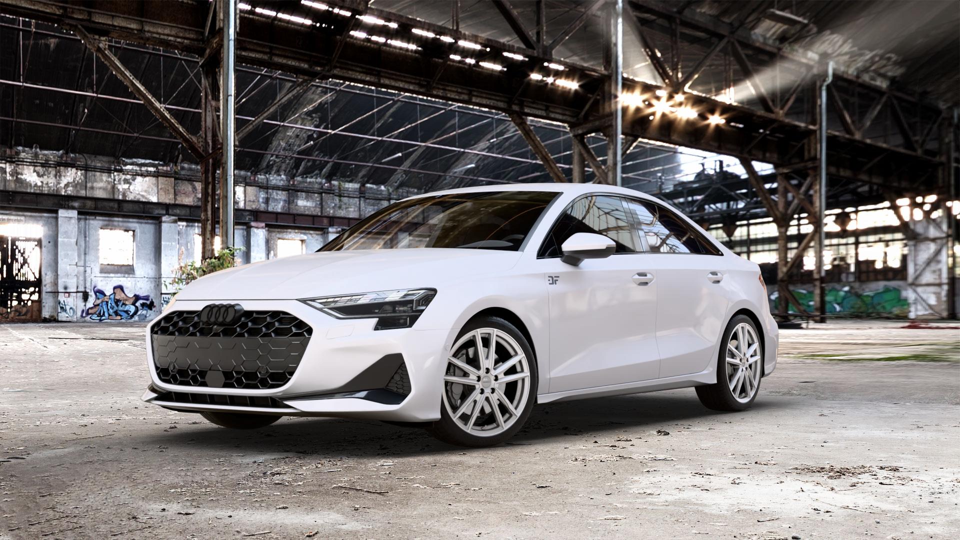 DEZENT KF SILVER Felge mit Reifen silber in 18Zoll Winterfelge Alufelge auf weissem Audi A3 Typ GY (Limousine) Facelift 1,5l 30 TFSI 85kW (116 PS) Mild-Hybrid 35 110kW (150 2,0l TDI ⬇️ mit 15mm Tieferlegung ⬇️ Old Industrial Hall_max_5300mm_2024 Frontansicht_1