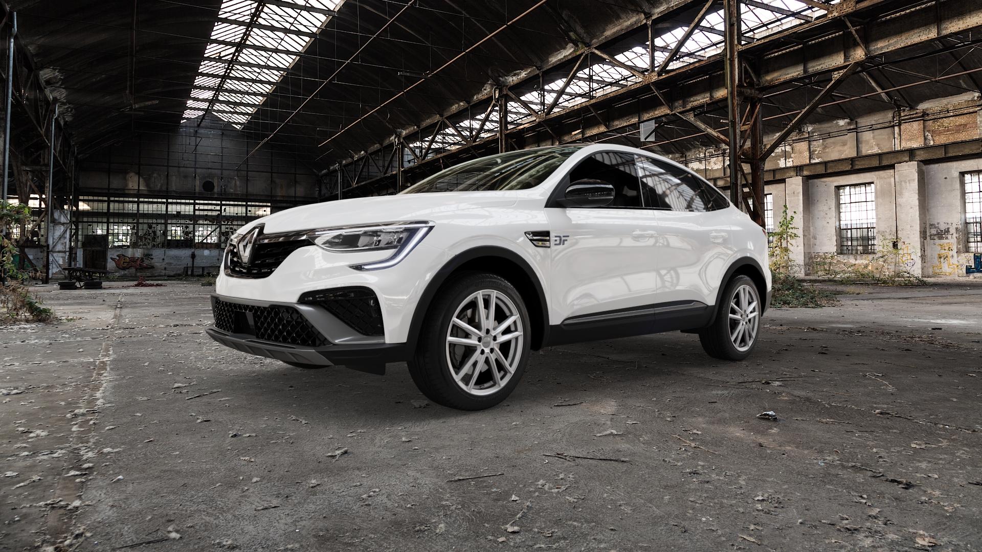 DEZENT KF SILVER Felge mit Reifen silber in 18Zoll Winterfelge Alufelge auf weissem Renault Arkana ⬇️ mit 15mm Tieferlegung ⬇️ Old Industrial Hall_max5000mm_2022 Frontansicht_1