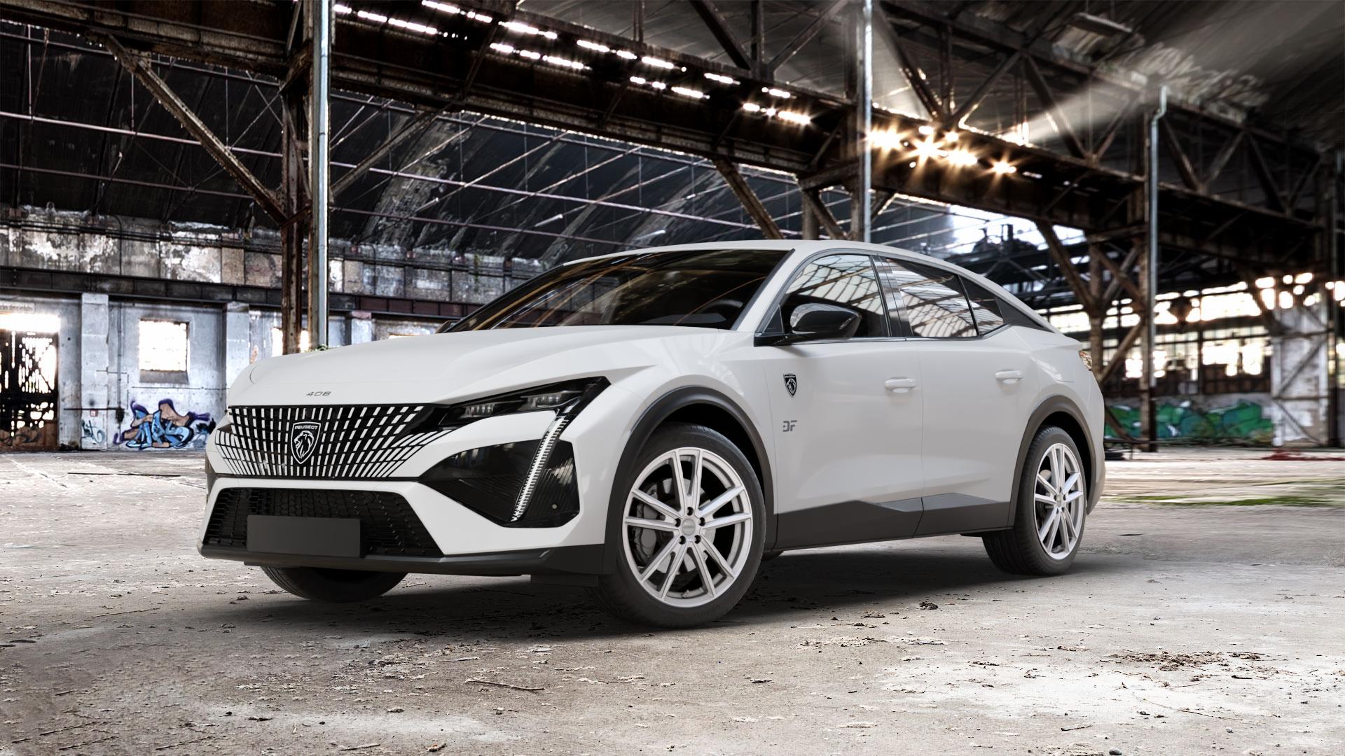 DEZENT KF SILVER Felge mit Reifen silber in 19Zoll Winterfelge Alufelge auf weissem Peugeot 408 Typ F ⬇️ mit 15mm Tieferlegung ⬇️ Old Industrial Hall_max_5300mm_2024 Frontansicht_1