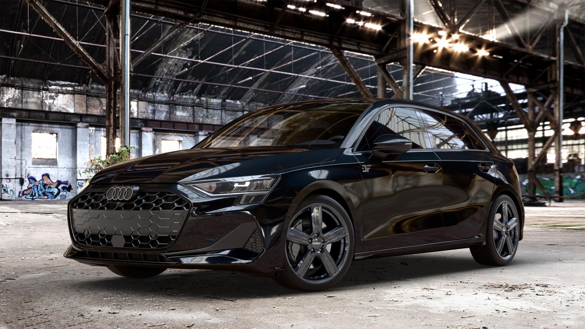DEZENT KG BLACK Felge mit Reifen schwarz in 18Zoll Winterfelge Alufelge auf metallic schwarzem Audi A3 Typ GY (Sportback) Facelift 2,0l 30 TDI 85kW (116 PS) 1,5l TFSI Mild-Hybrid 35 110kW (150 PHEV 200 130kW Hybrid (177 150 ⬇️ mit 15mm Tieferlegung ⬇️ Old Industrial Hall_max_4400mm_2024 Frontansicht_1
