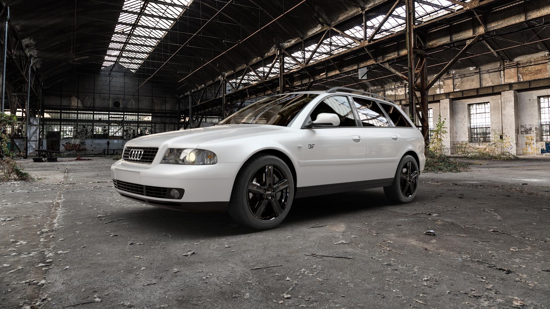 DEZENT KG Black Felge mit Reifen schwarz in 18Zoll Winterfelge Alufelge auf weissem Audi A4 Typ 8D5/B5 (Avant) ⬇️ mit 15mm Tieferlegung ⬇️ Old Industrial Hall_max5000mm_2022 Frontansicht_1