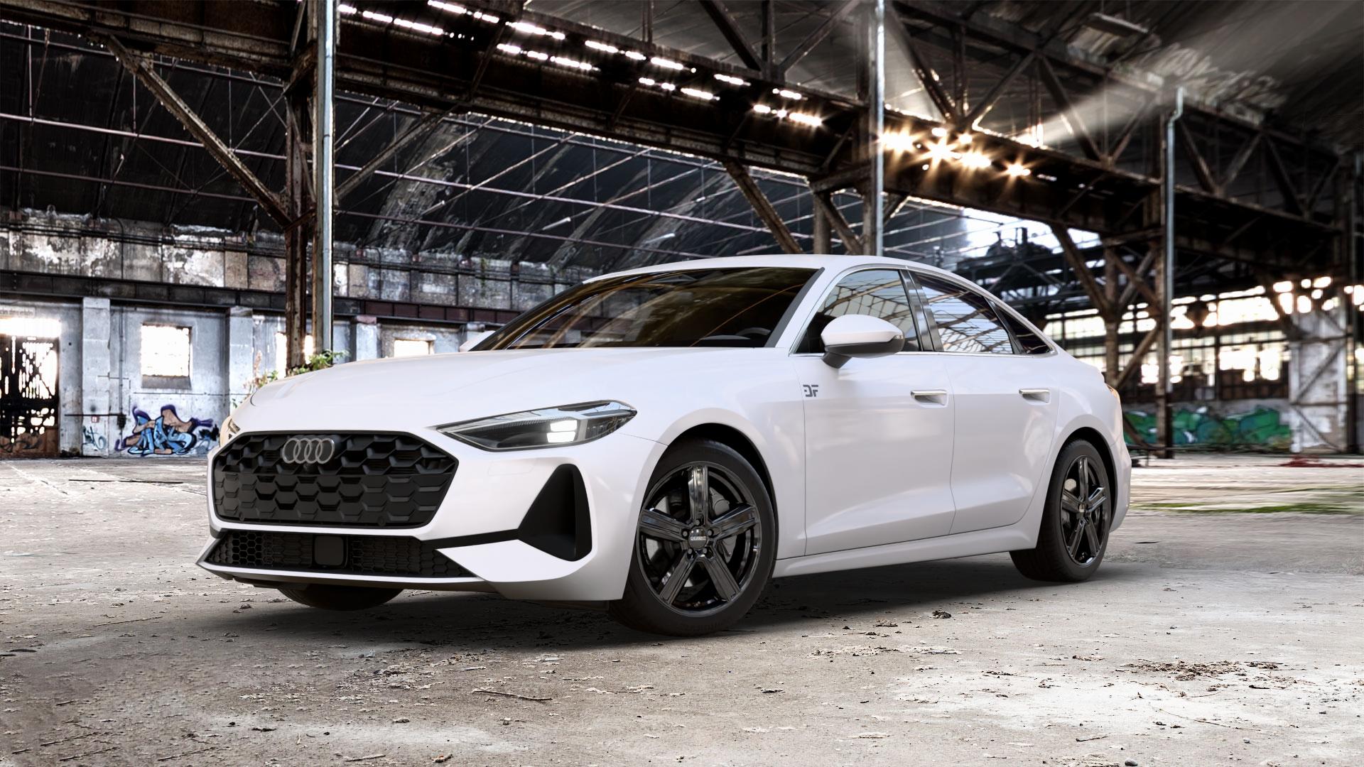 DEZENT KG BLACK Felge mit Reifen schwarz in 18Zoll Winterfelge Alufelge auf weissem Audi A5 Typ B10 (Limousine) 2,0l TDI 150kW Mild-Hybrid (204 PS) quattro TSI 110kW (150 3,0l S5 270kW (367 ⬇️ mit 15mm Tieferlegung ⬇️ Old Industrial Hall_max_5300mm_2024 Frontansicht_1