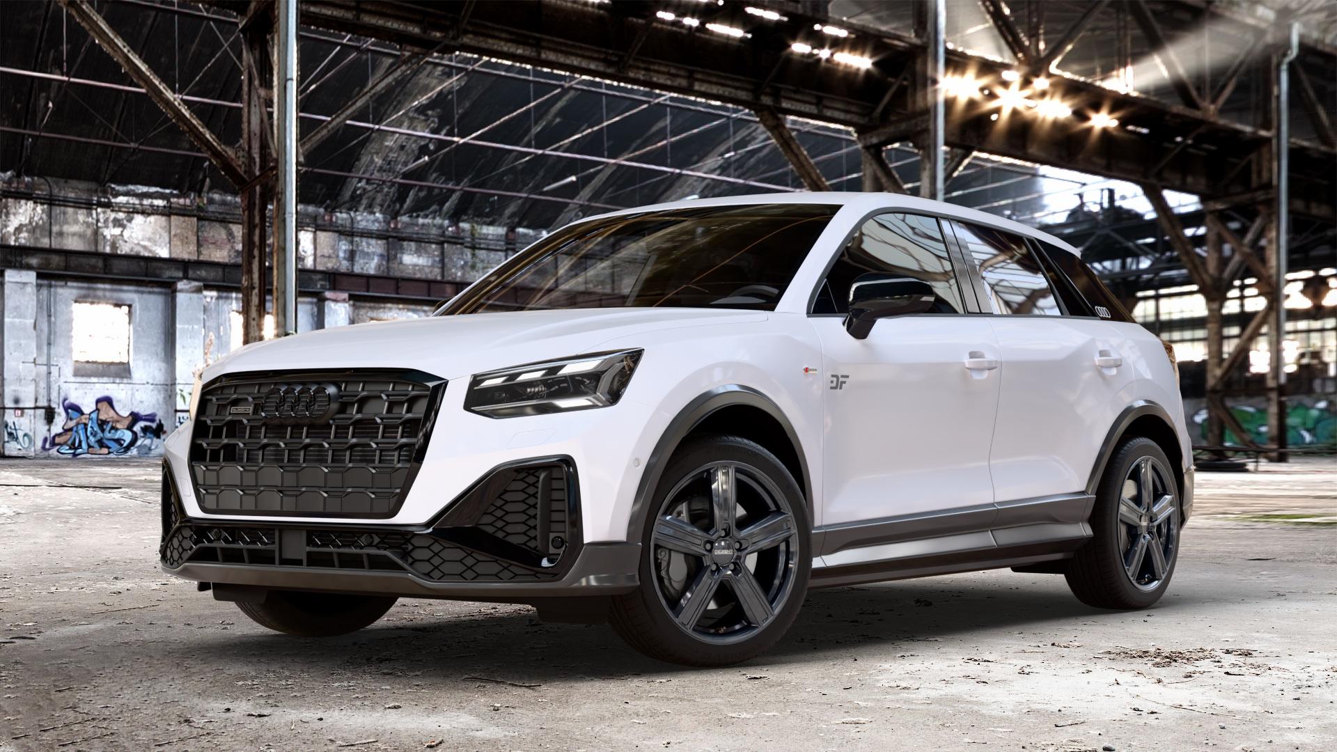 DEZENT KG BLACK Felge mit Reifen schwarz in 18Zoll Winterfelge Alufelge auf weißem Audi Q2 Typ GA Facelift ⬇️ mit 15mm Tieferlegung ⬇️ Old Industrial Hall_max_4400mm_2024 Frontansicht_1