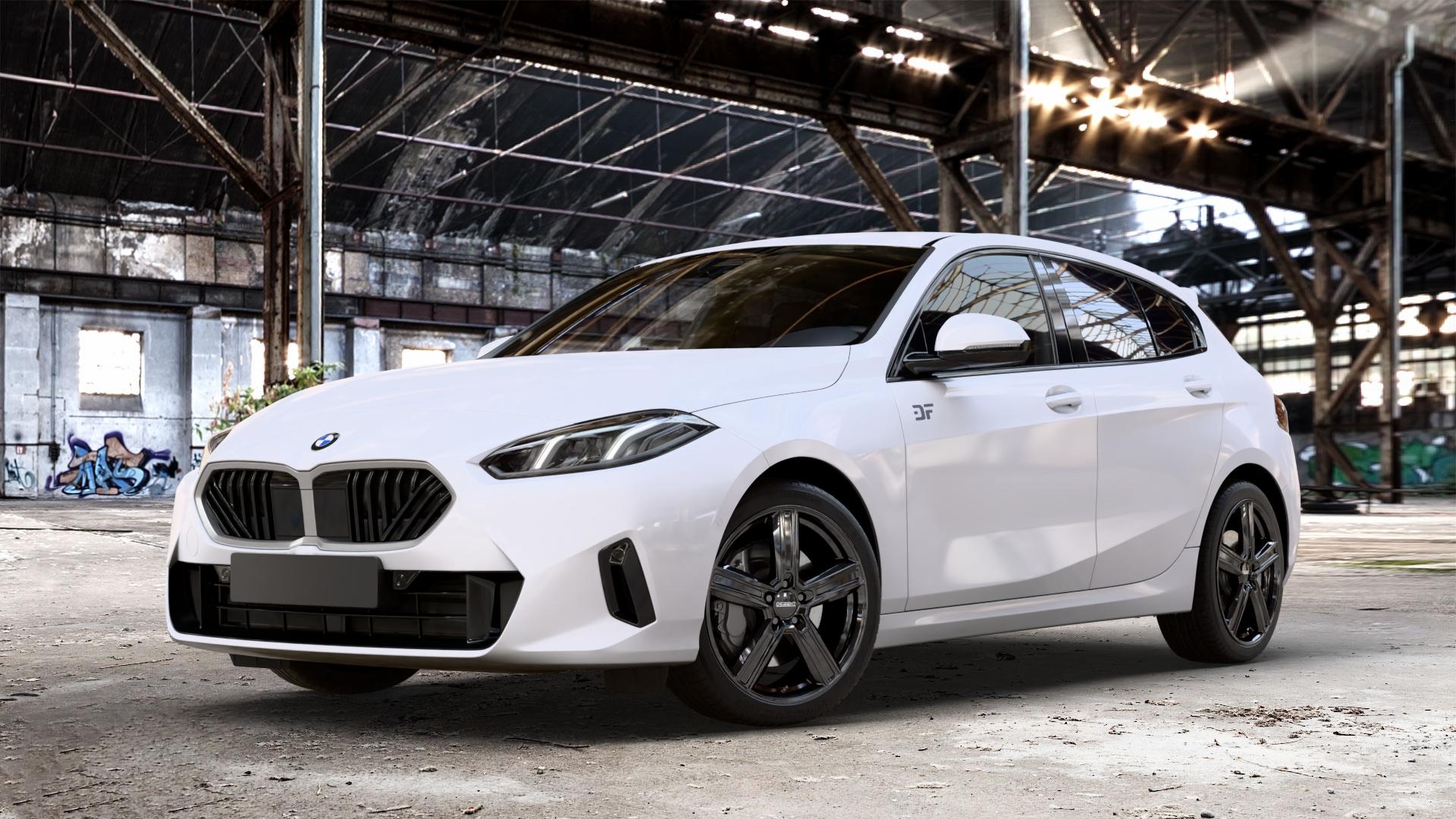 DEZENT KG BLACK Felge mit Reifen schwarz in 18Zoll Winterfelge Alufelge auf weissem BMW 118d Typ F70 120 1er Fünftürer (F7) ⬇️ mit 15mm Tieferlegung ⬇️ Old Industrial Hall_max_4400mm_2024 Frontansicht_1