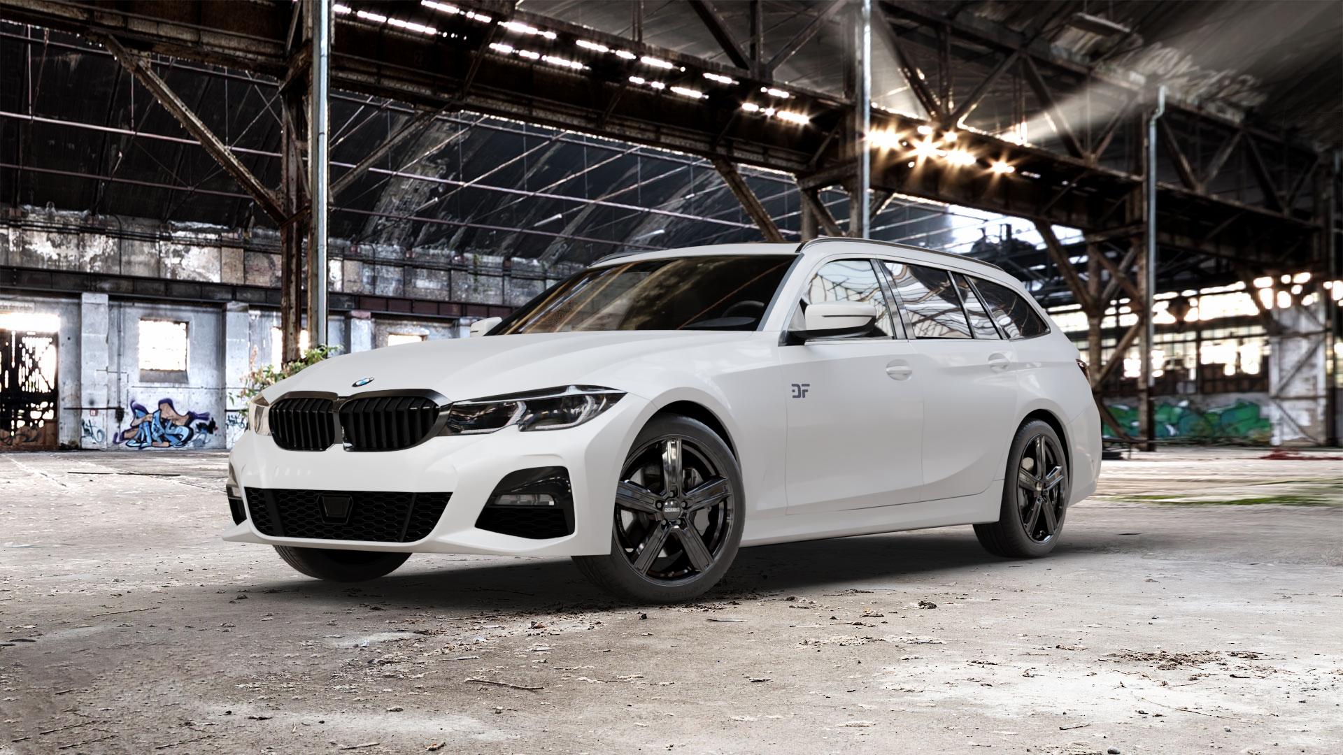 DEZENT KG BLACK Felge mit Reifen schwarz in 18Zoll Winterfelge Alufelge auf weissem BMW 3er G21 Touring (G3K) ⬇️ mit 15mm Tieferlegung ⬇️ Old Industrial Hall_max_5300mm_2024 Frontansicht_1