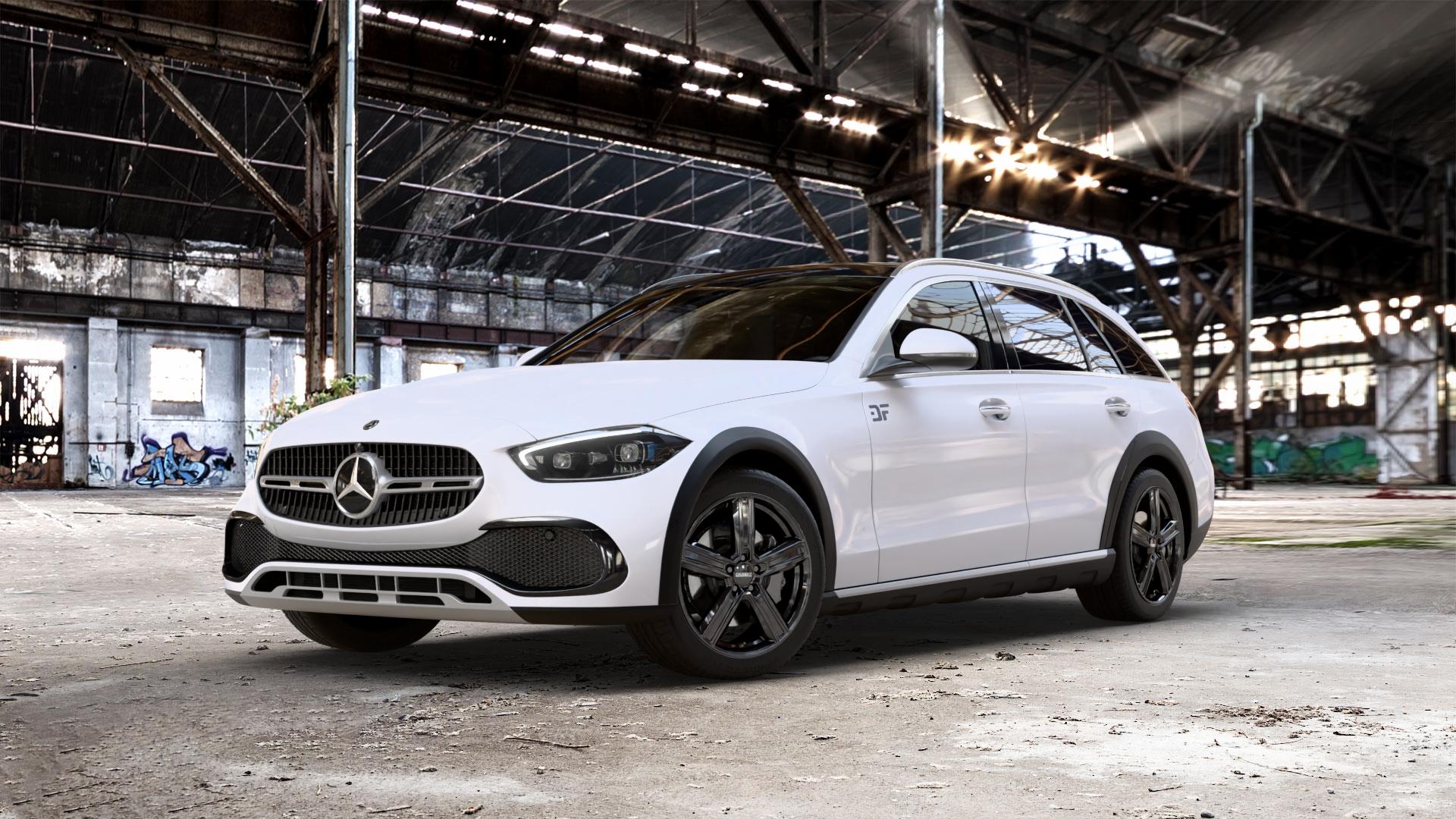 DEZENT KG Black Felge mit Reifen schwarz in 18Zoll Winterfelge Alufelge auf weissem Mercedes C-Klasse Typ S206 All-Terrain 1,5l C 200 4Matic 150kW Mild-Hybrid (204 PS) 2,0l 220d 145kW (197 ⬇️ mit 15mm Tieferlegung ⬇️ Old Industrial Hall_max_5300mm_2024 Frontansicht_1
