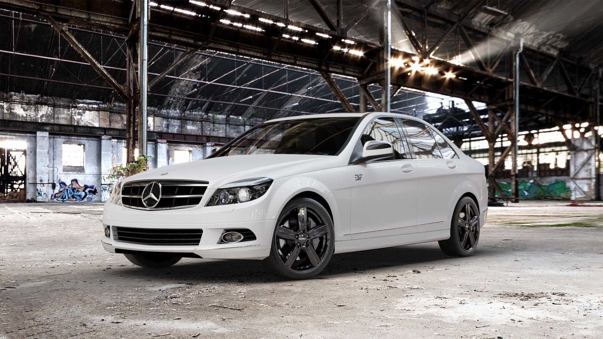 DEZENT KG BLACK Felge mit Reifen schwarz in 18Zoll Winterfelge Alufelge auf weissem Mercedes C-Klasse Typ W204 Limousine ⬇️ mit 15mm Tieferlegung ⬇️ Old Industrial Hall_max_5300mm_2024 Frontansicht_1