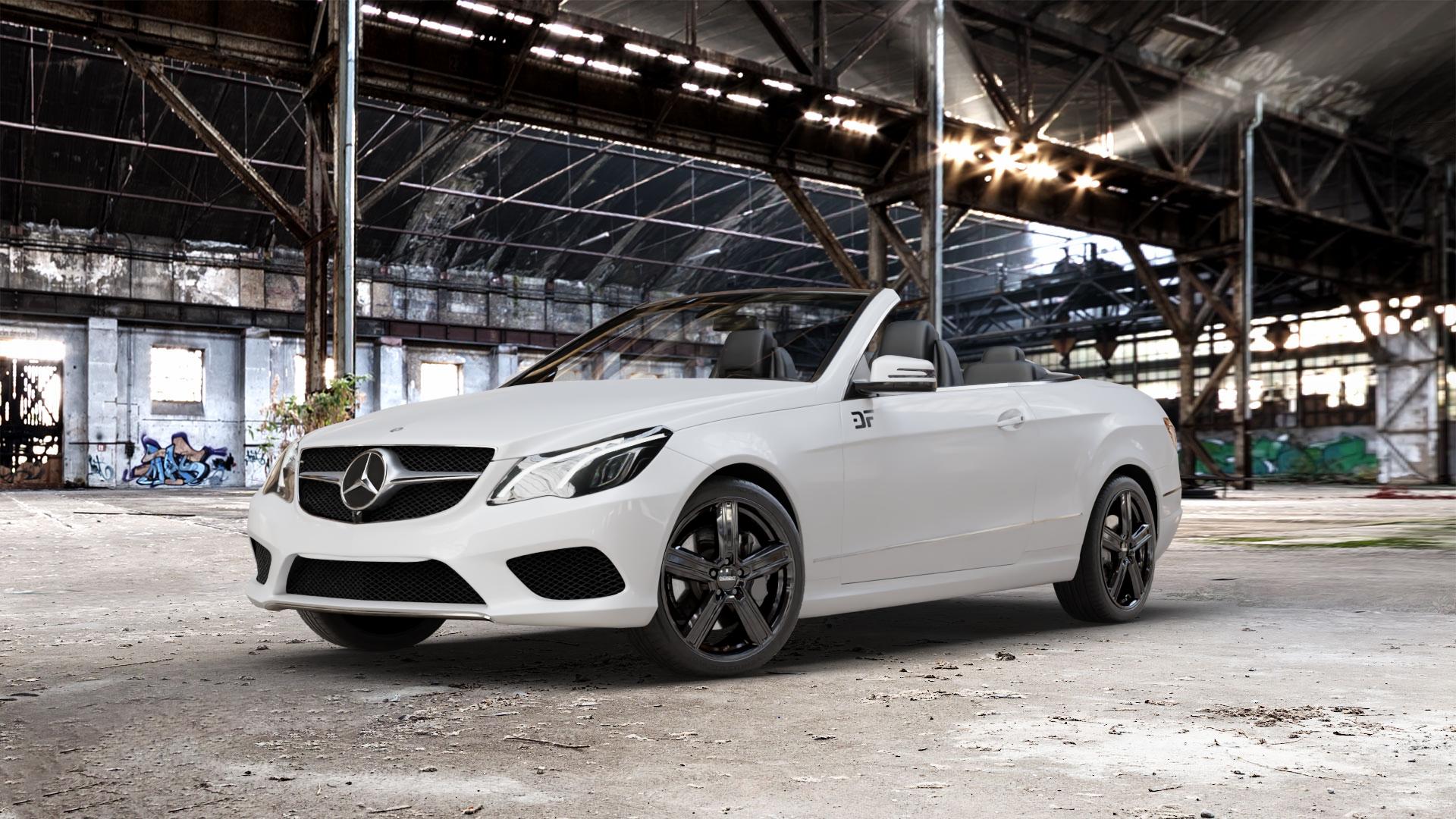 DEZENT KG BLACK Felge mit Reifen schwarz in 18Zoll Winterfelge Alufelge auf weissem Mercedes E-Klasse Typ A207 Cabriolet Facelift Cabrio ⬇️ mit 15mm Tieferlegung ⬇️ Old Industrial Hall_max_5300mm_2024 Frontansicht_1